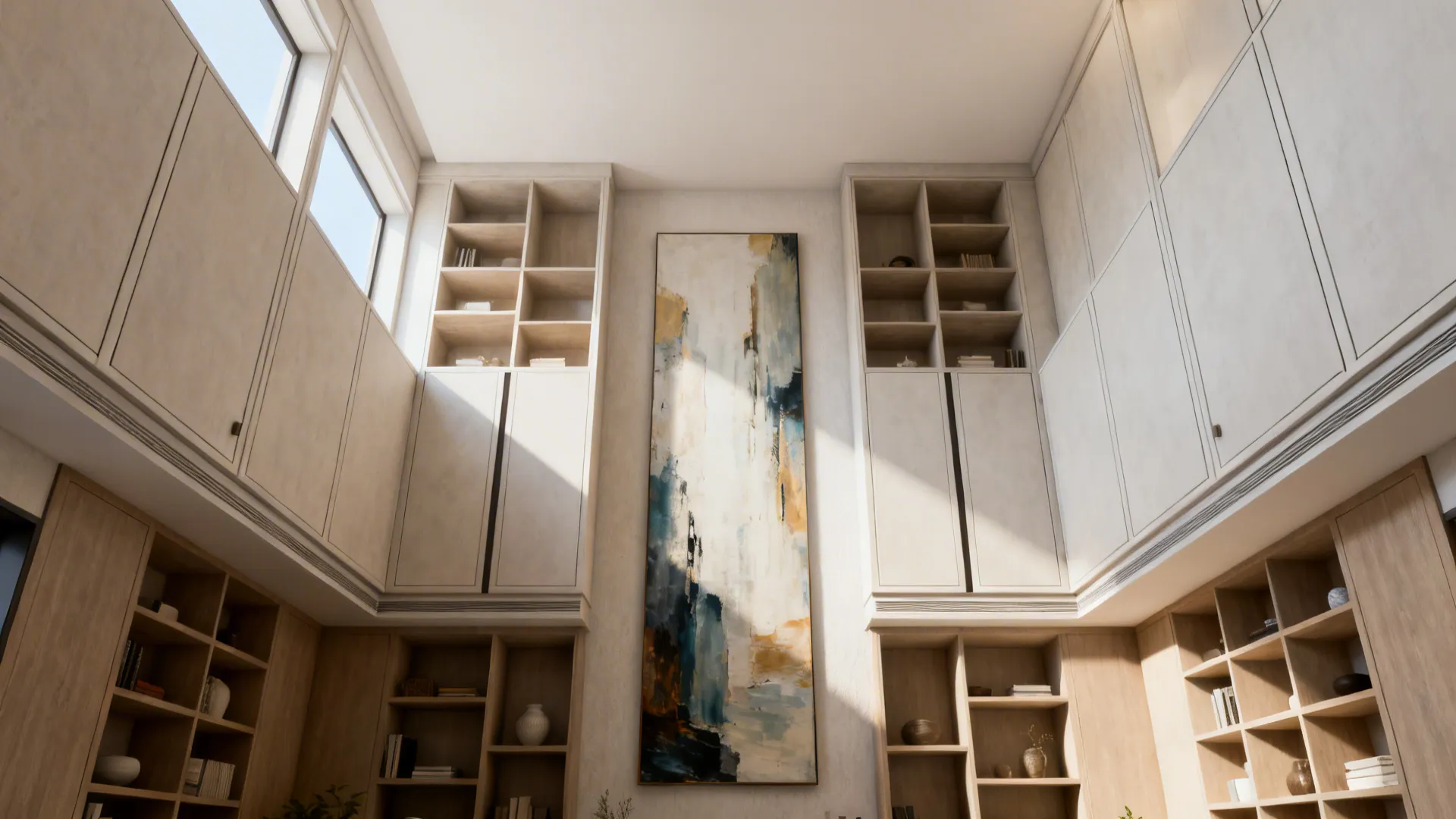 Room with tall shelving and cabinets to ceiling height, mixing open and closed storage