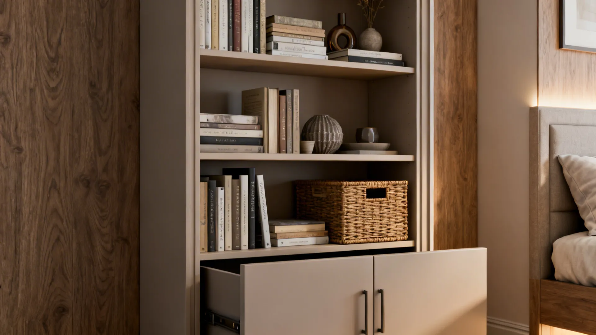 Tall slim bookshelf with concealed cabinet below, neatly styled in a small room.