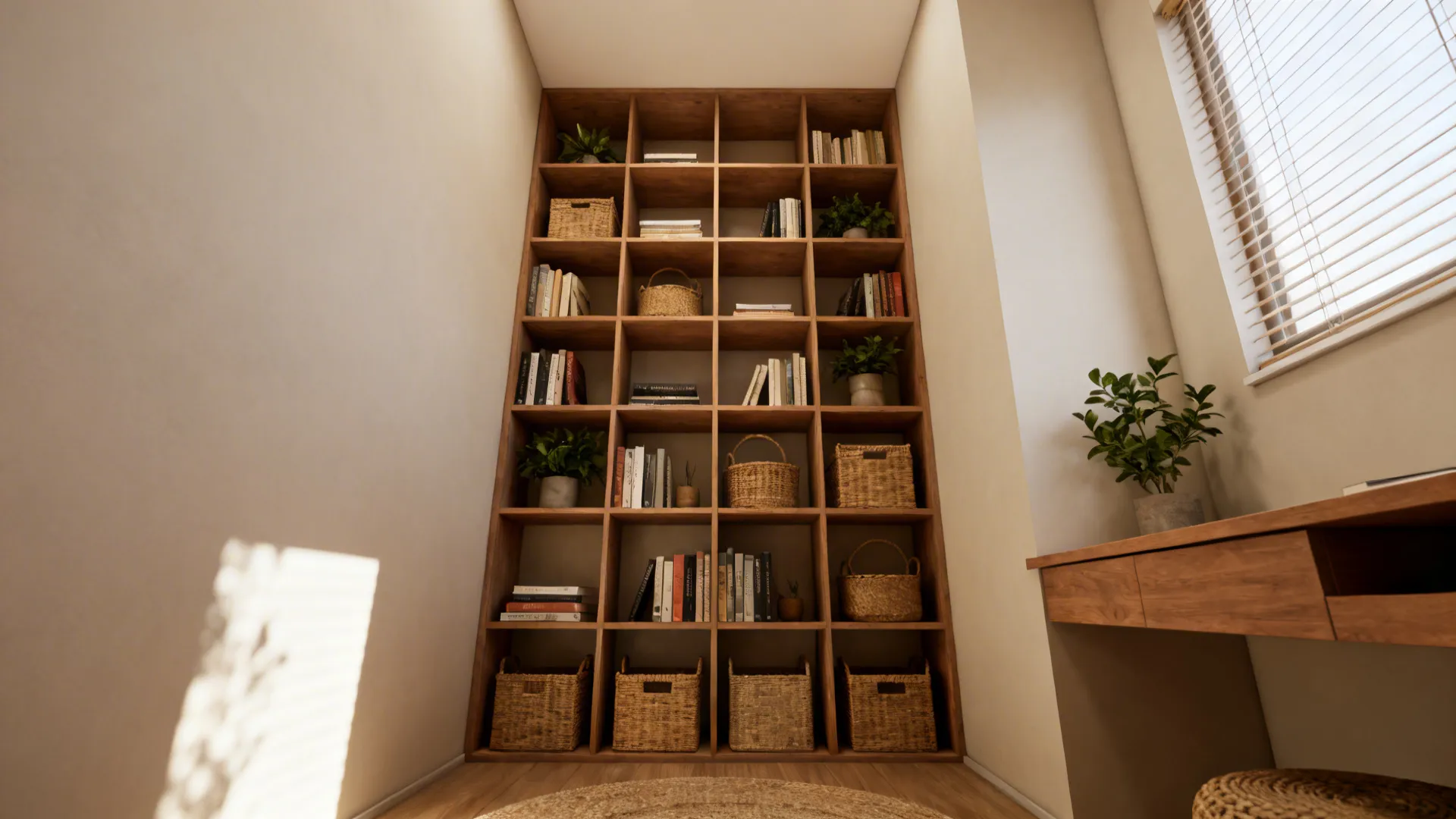 Floor-to-ceiling open shelving and a floating desk that draw the eye upward in a small studio