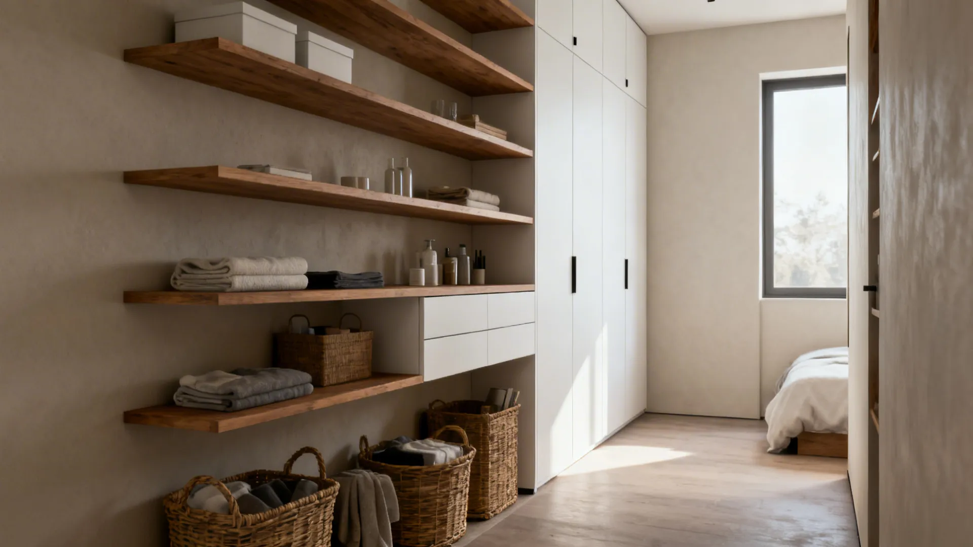 Tall shelving and wall-mounted cabinets in a small bedroom, open staggered shelves keep floor space clear.