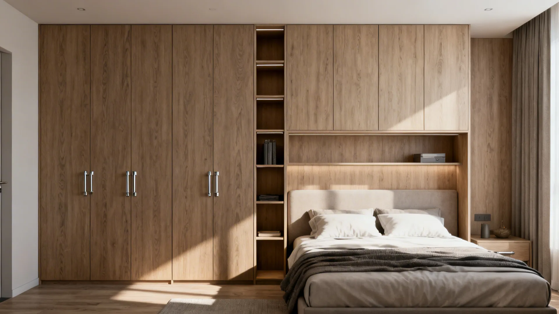 Bedroom featuring large wooden wall cabinet storage system surrounding a bed with sunlight and bedding