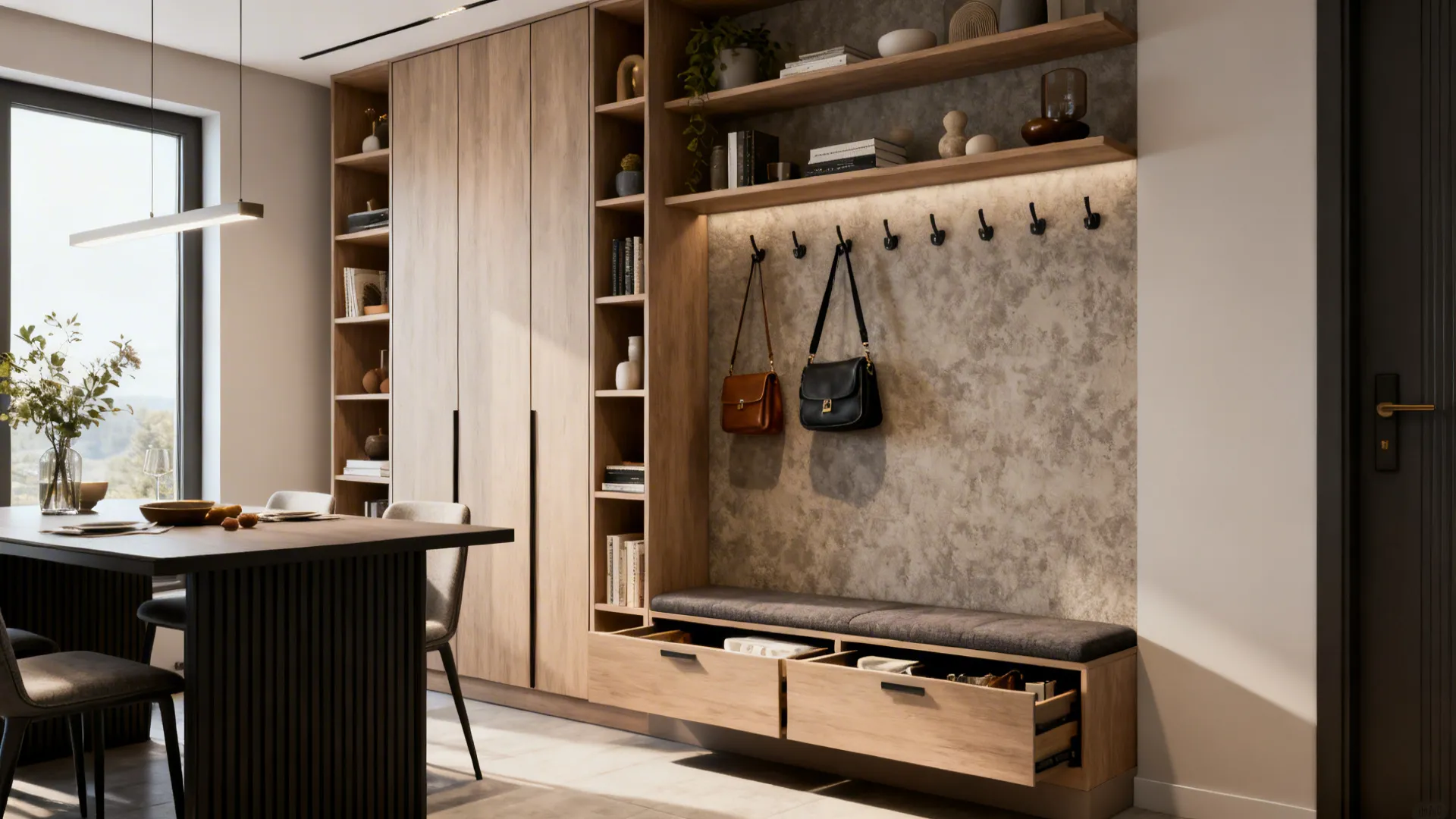 Vertical storage: tall cabinet, open shelving and built-in bench with drawers in a compact combo