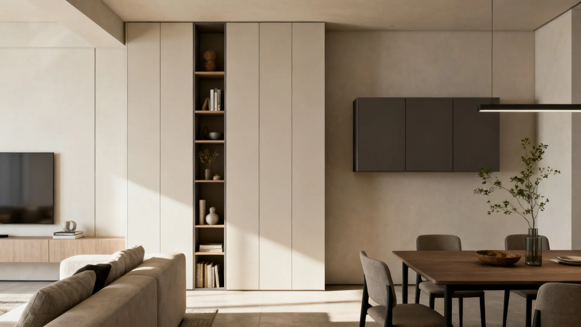 Tall slim shelving and wall-mounted cabinet styled minimally in a combined living-dining space