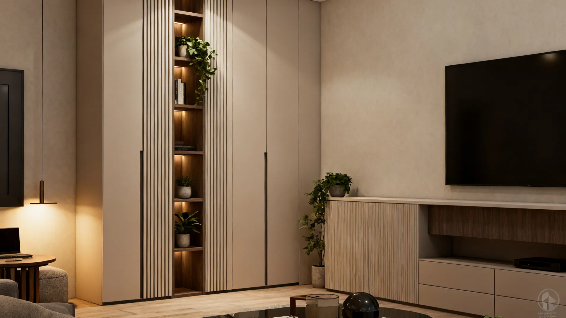 Living room corner highlighting tall shelving and wall cabinets to save floor space