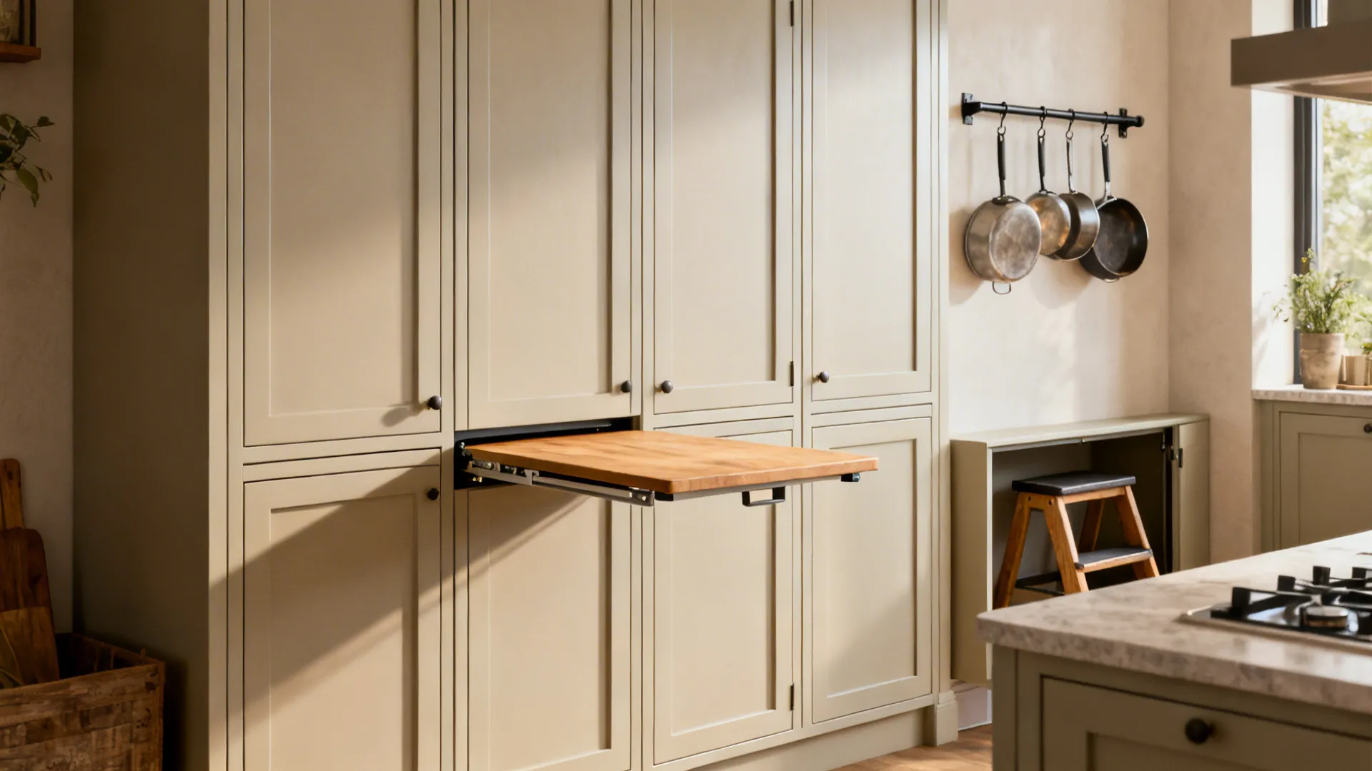 Tall pantry cabinets, fold-down table and hanging pot rail maximizing vertical storage in a small kitchen.
