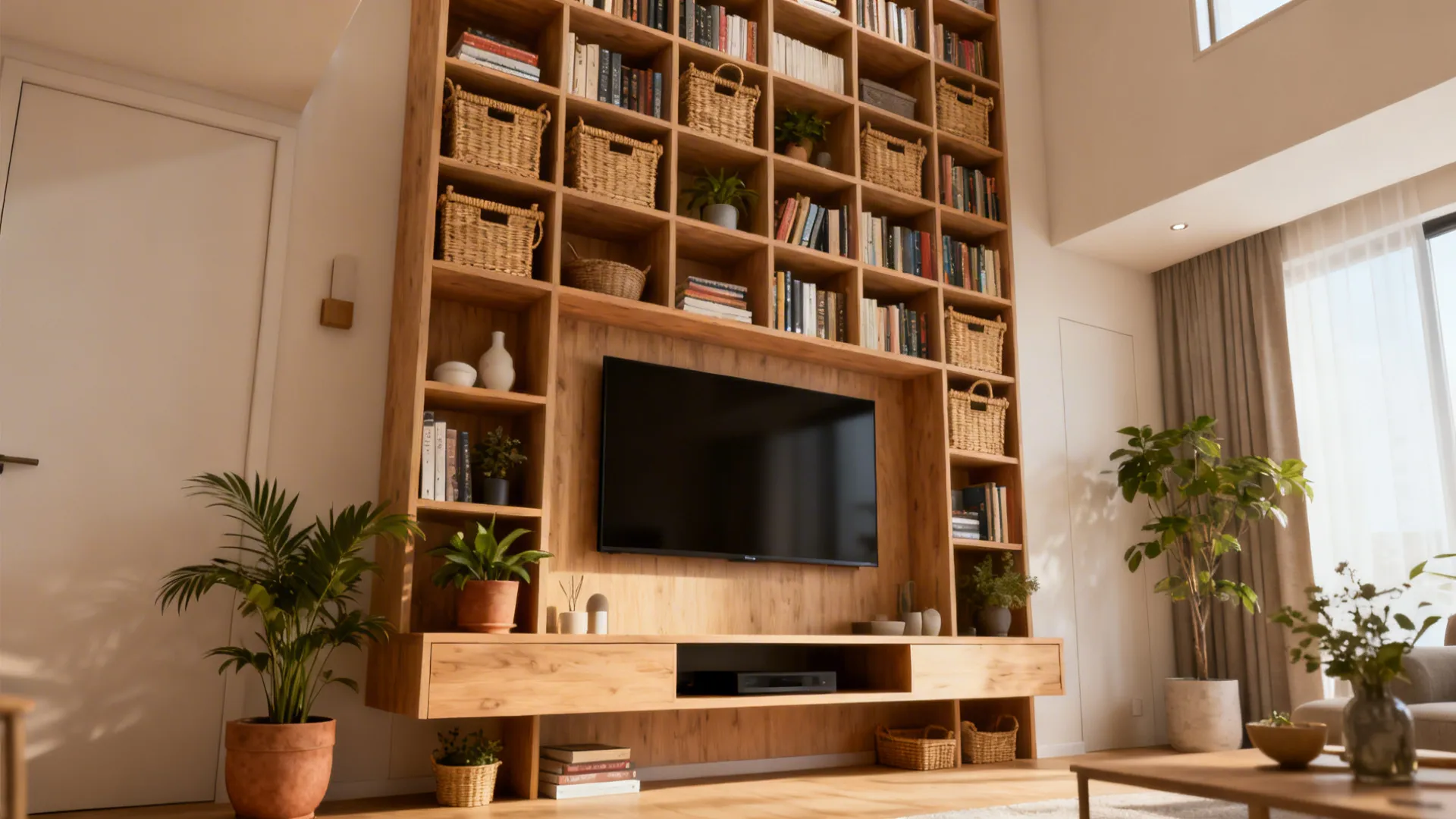 Vertical shelving and floating shelves in a compact living room maximizing storage and perceived height.