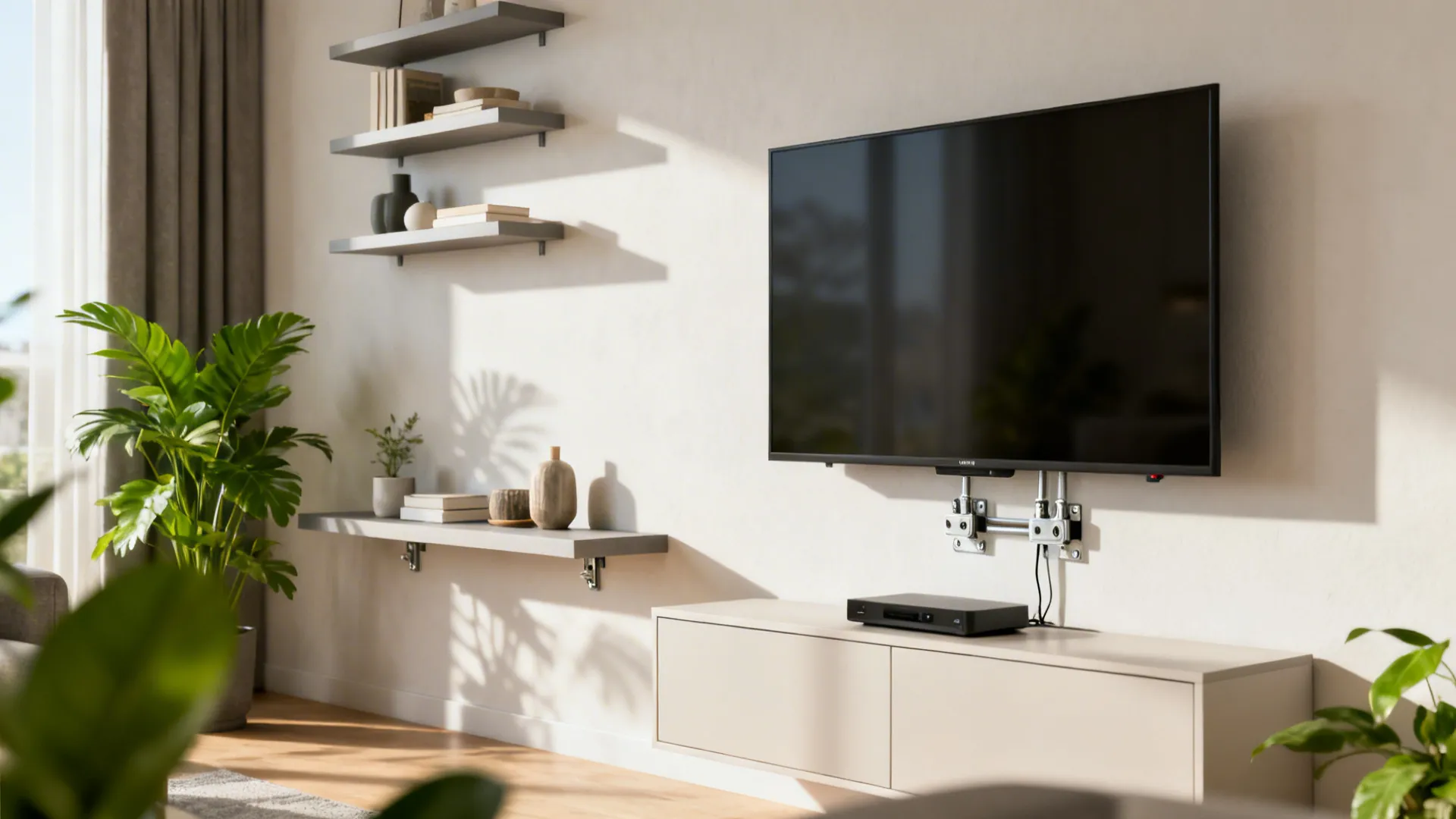 Staggered floating shelves and a narrow floating console saving floor space in a small living room