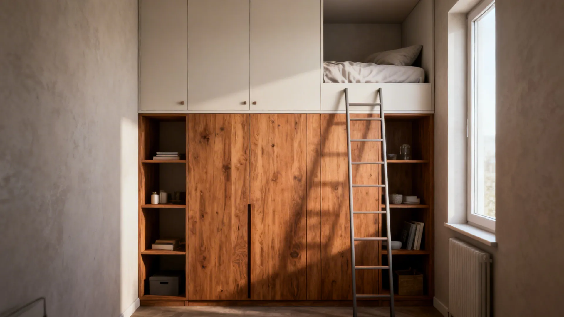 Narrow room with tall shelving and lofted bed using vertical storage to free floor space
