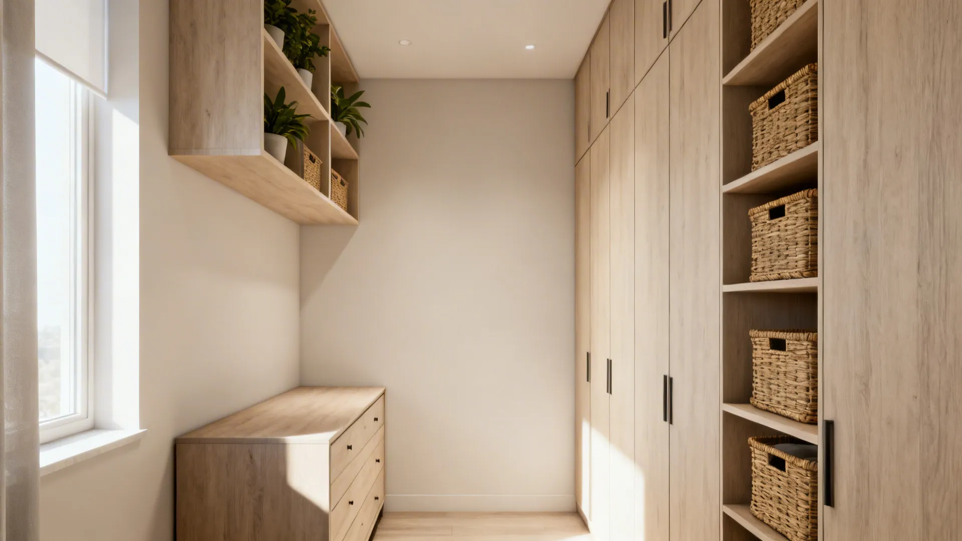Tall shallow shelving and wall cabinets above a narrow dresser in a small room