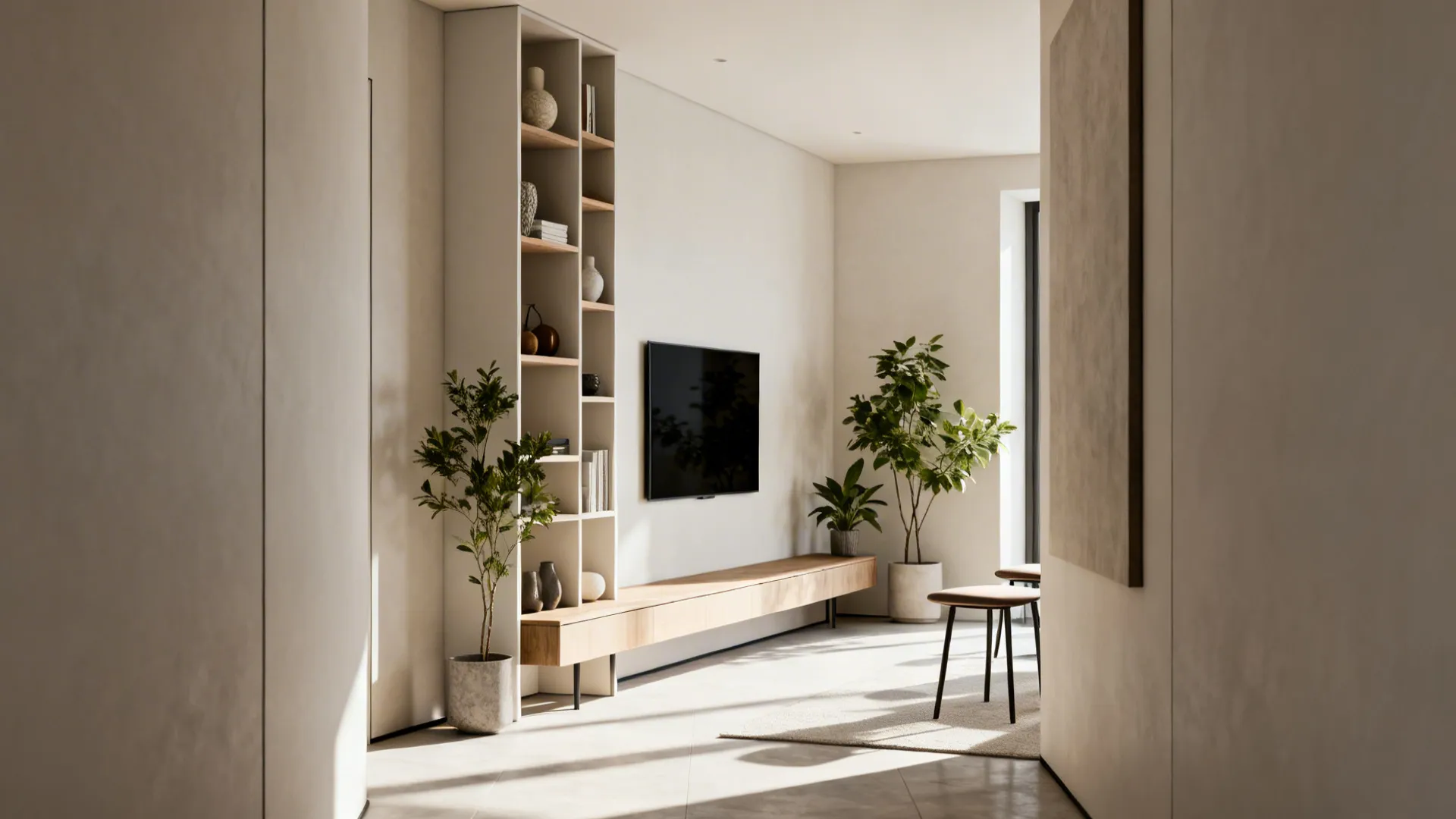 Modern living room with white shelf beside television and long wooden cabinet and green plants