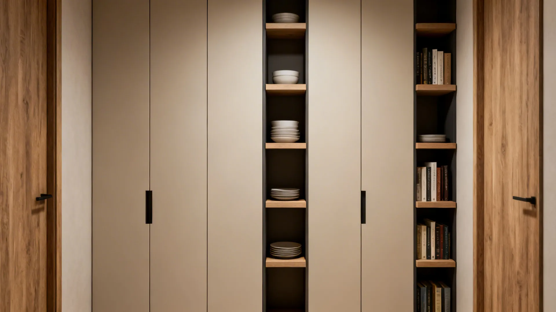 Built-in wall cabinet with light beige doors plus open wooden shelves containing bowls and many books