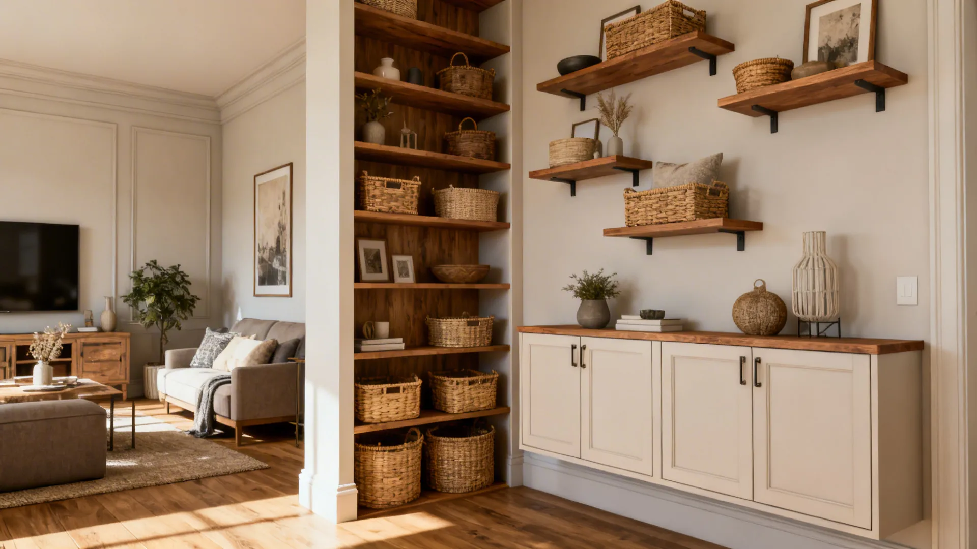 Tall shelving and floating cabinets maximizing vertical storage in a compact living room.