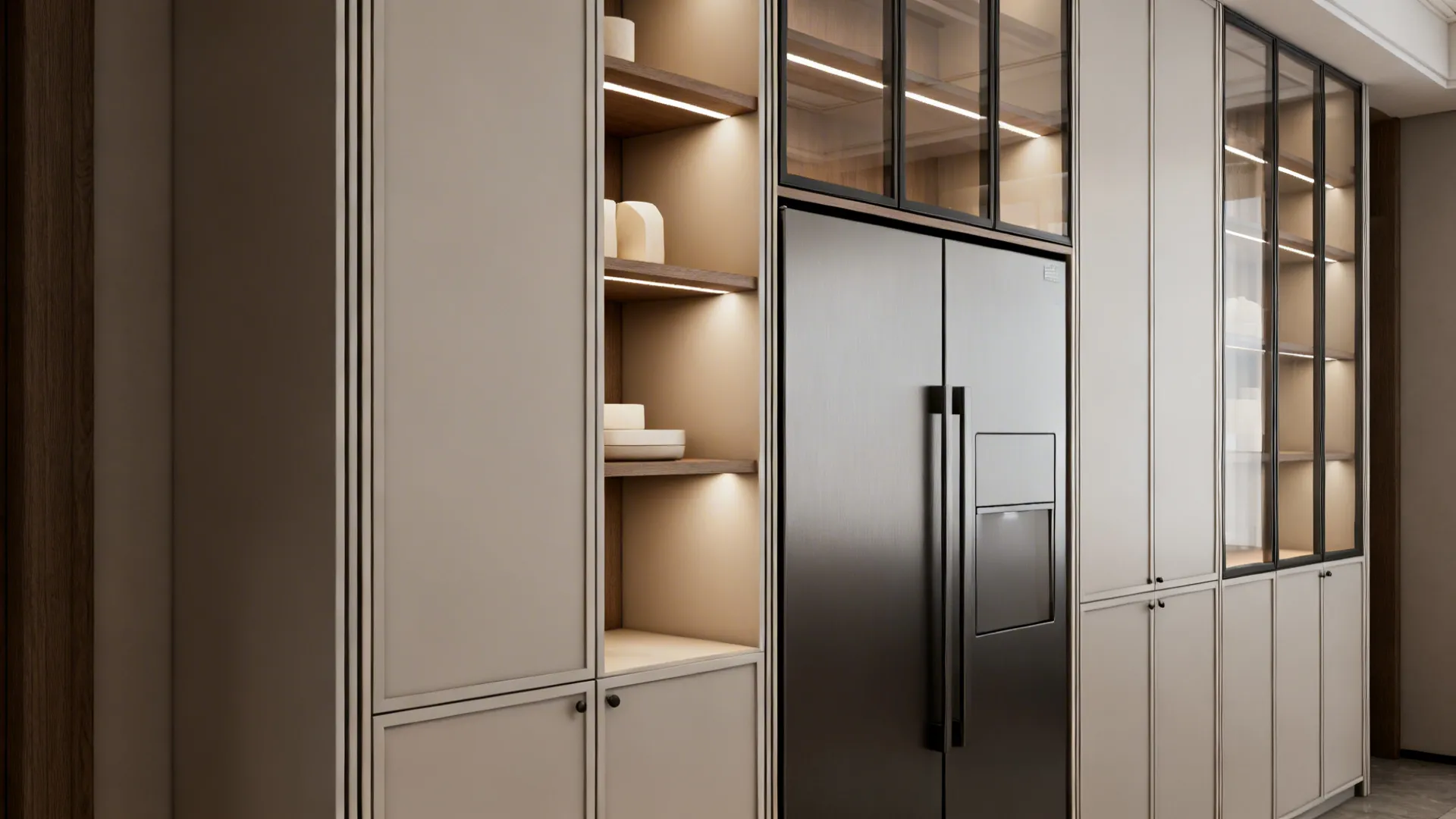 Tall cabinets, open shelving and a concealed integrated fridge in a small open-plan kitchen.