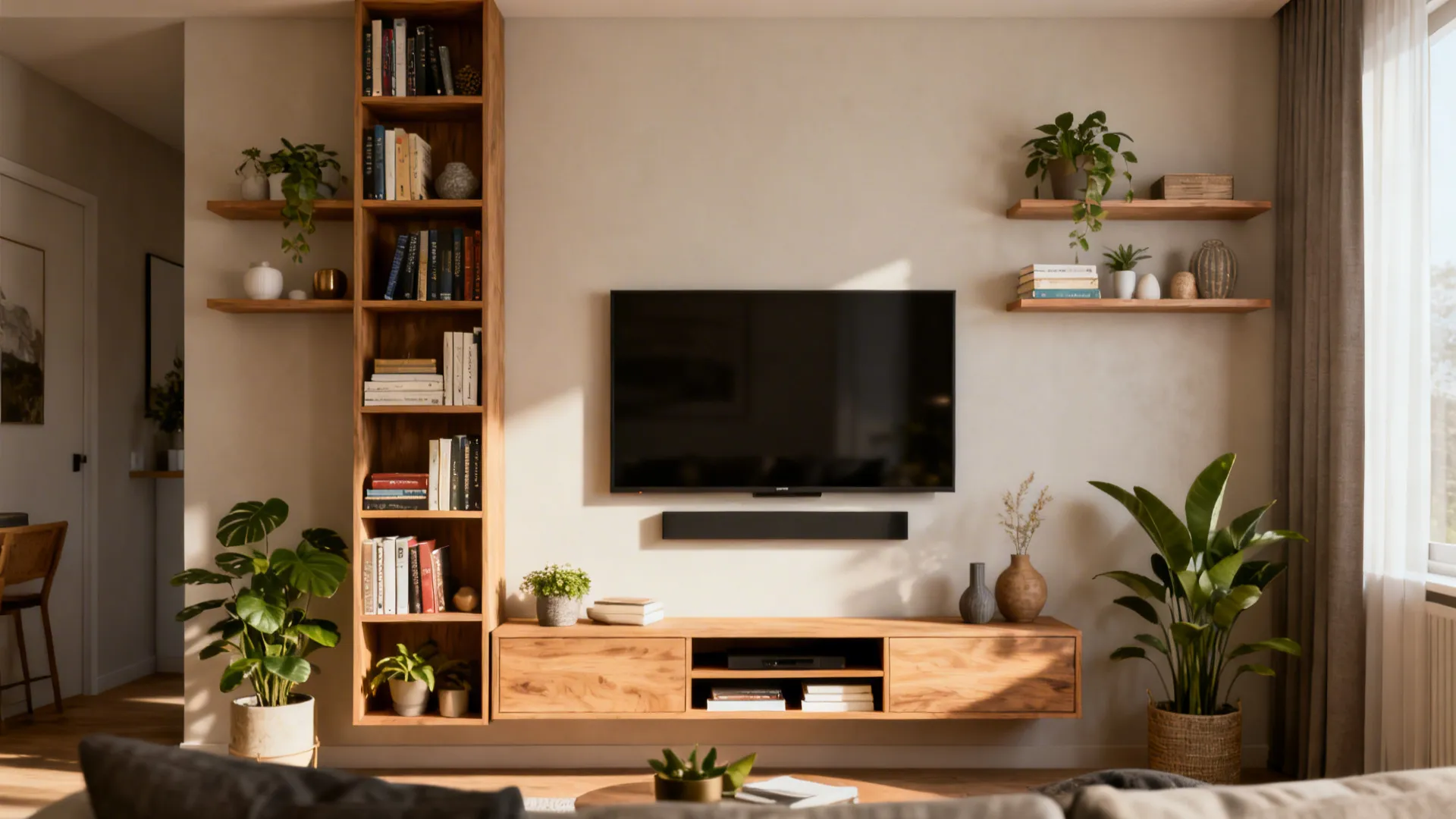 Floating shelves and a tall slim bookcase in a compact living room maximizing vertical storage.