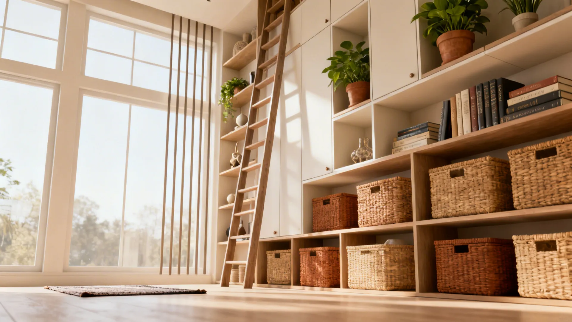 Tall shelving and floating cabinets maximizing vertical storage in a compact living room