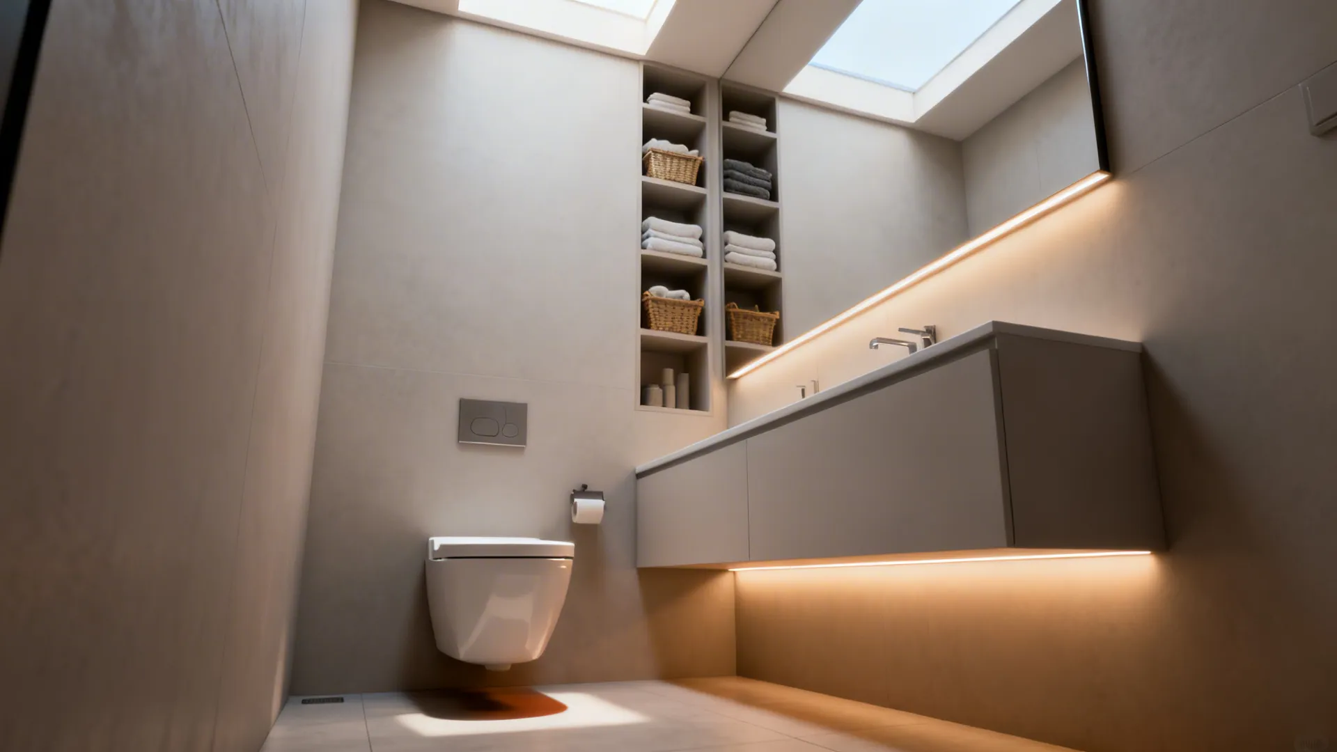 Compact toilet room with vertical shelving and floating vanity creating visible floor space