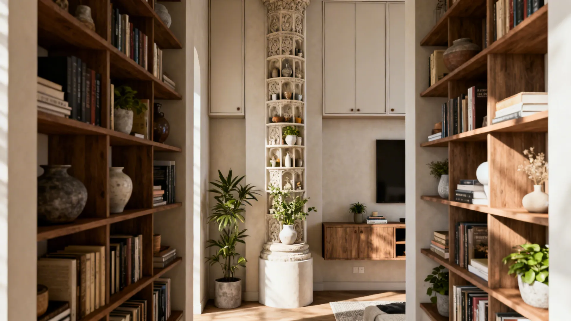 Room with tall wooden bookshelves decorative stone pillar wall cabinet television and many green plants