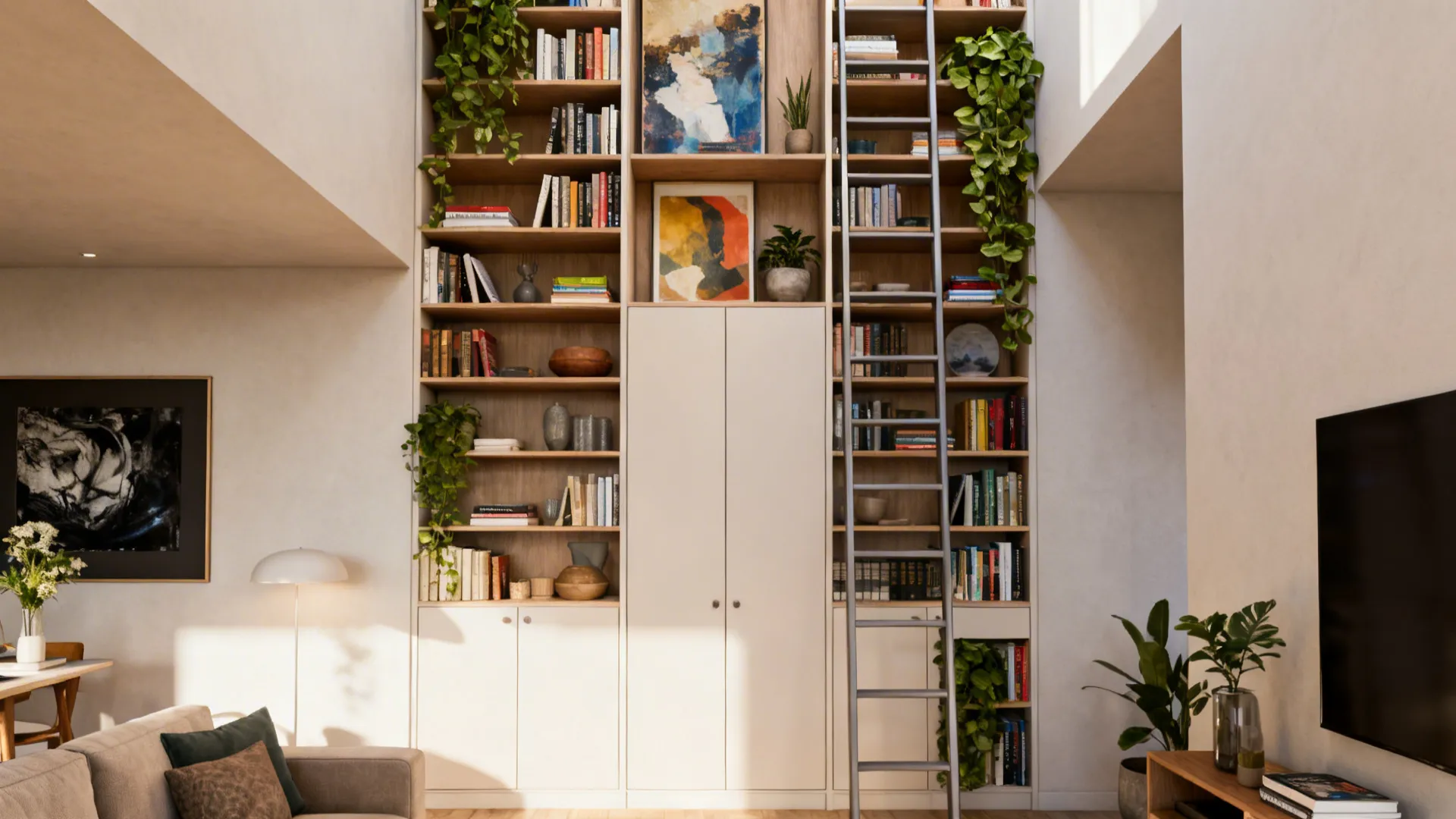Small living room with tall shelving and mixed closed cabinets creating visual height