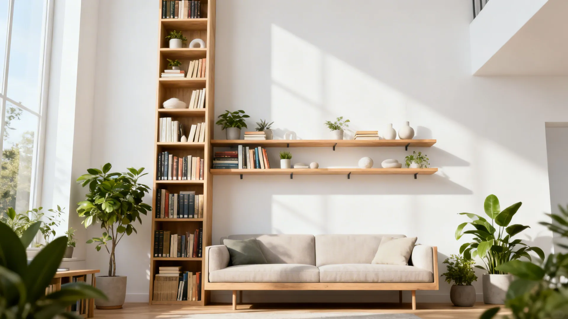 Tall narrow shelving and floating shelves above a low sofa maximizing vertical storage and freeing floor space
