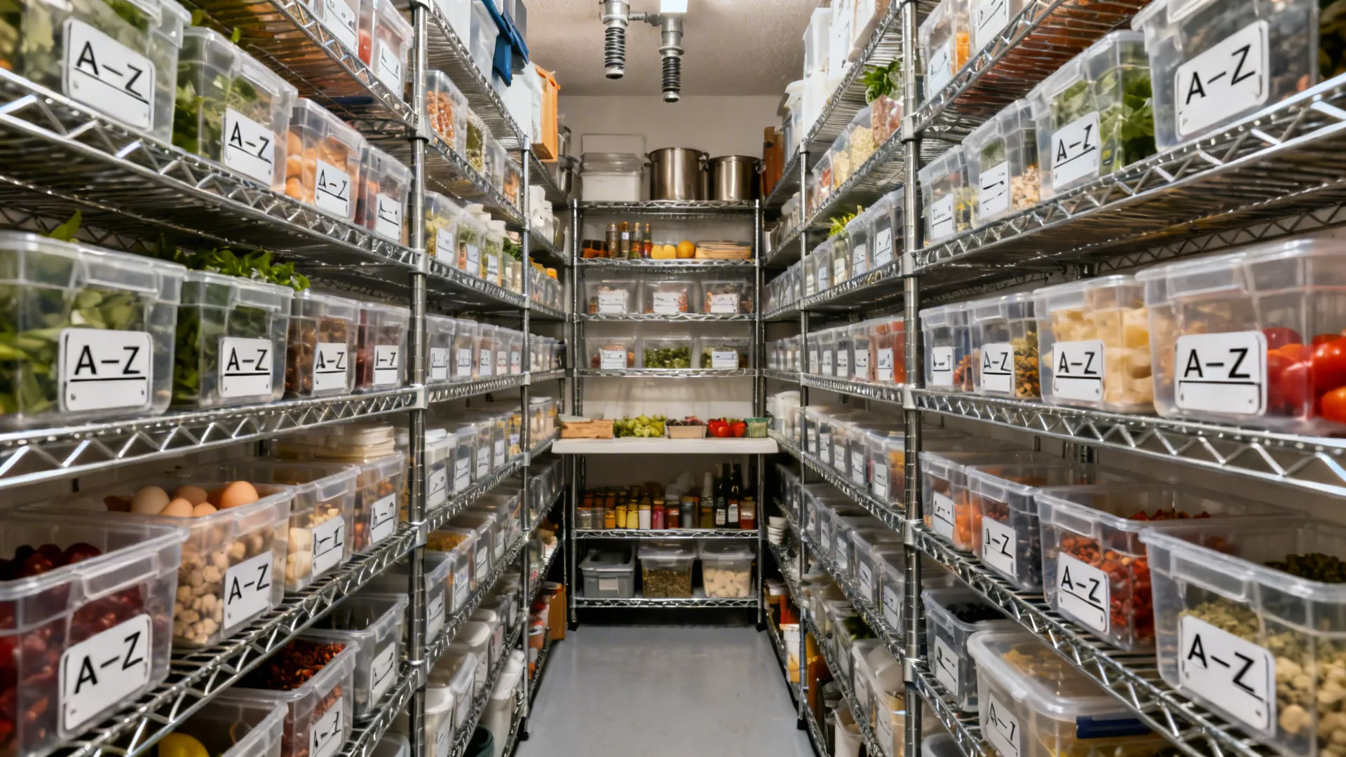 Ceiling-height racks with clear bins, labeled lanes, and a clear picking path in a small kitchen.