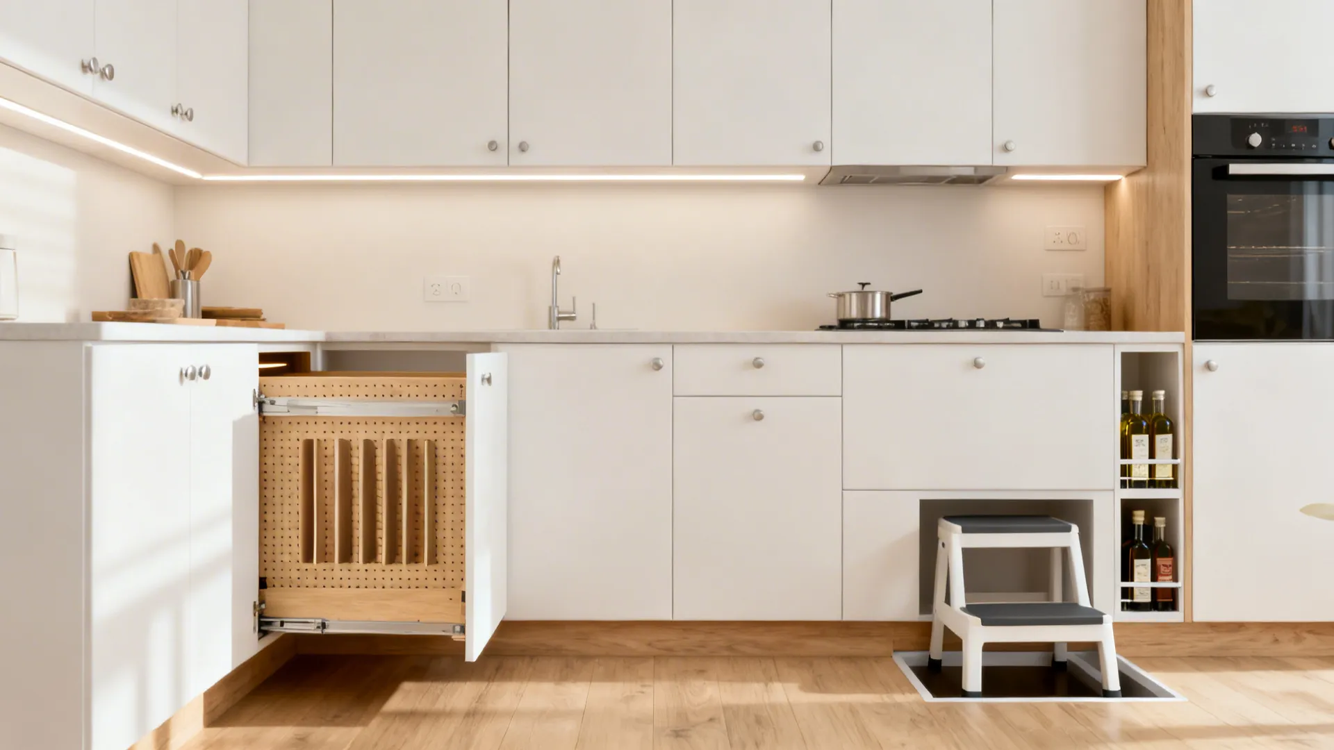 White kitchen with open wooden vertical storage cabinet showing pegboard and small white step stool