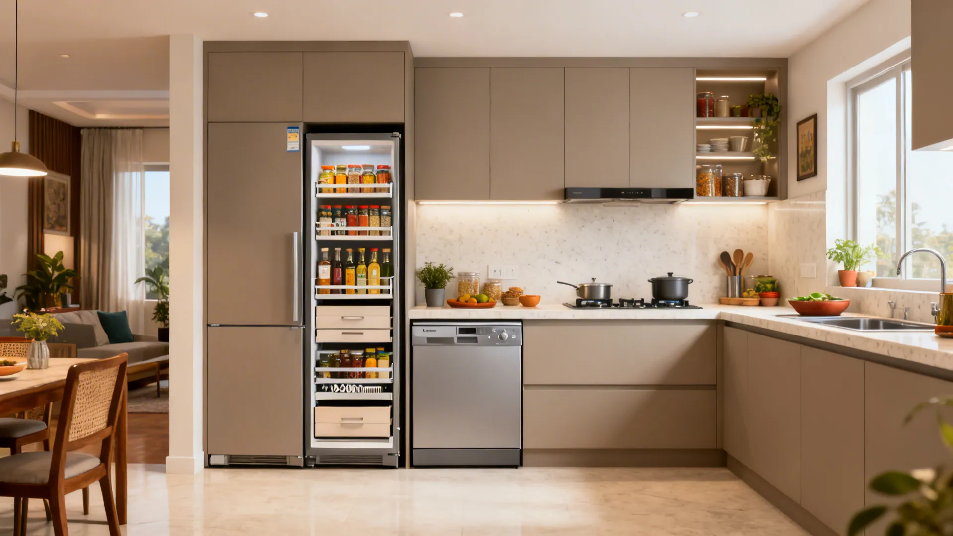 Small kitchen with a tall pantry, pull-out spice rack, slim fridge, and integrated slim dishwasher.