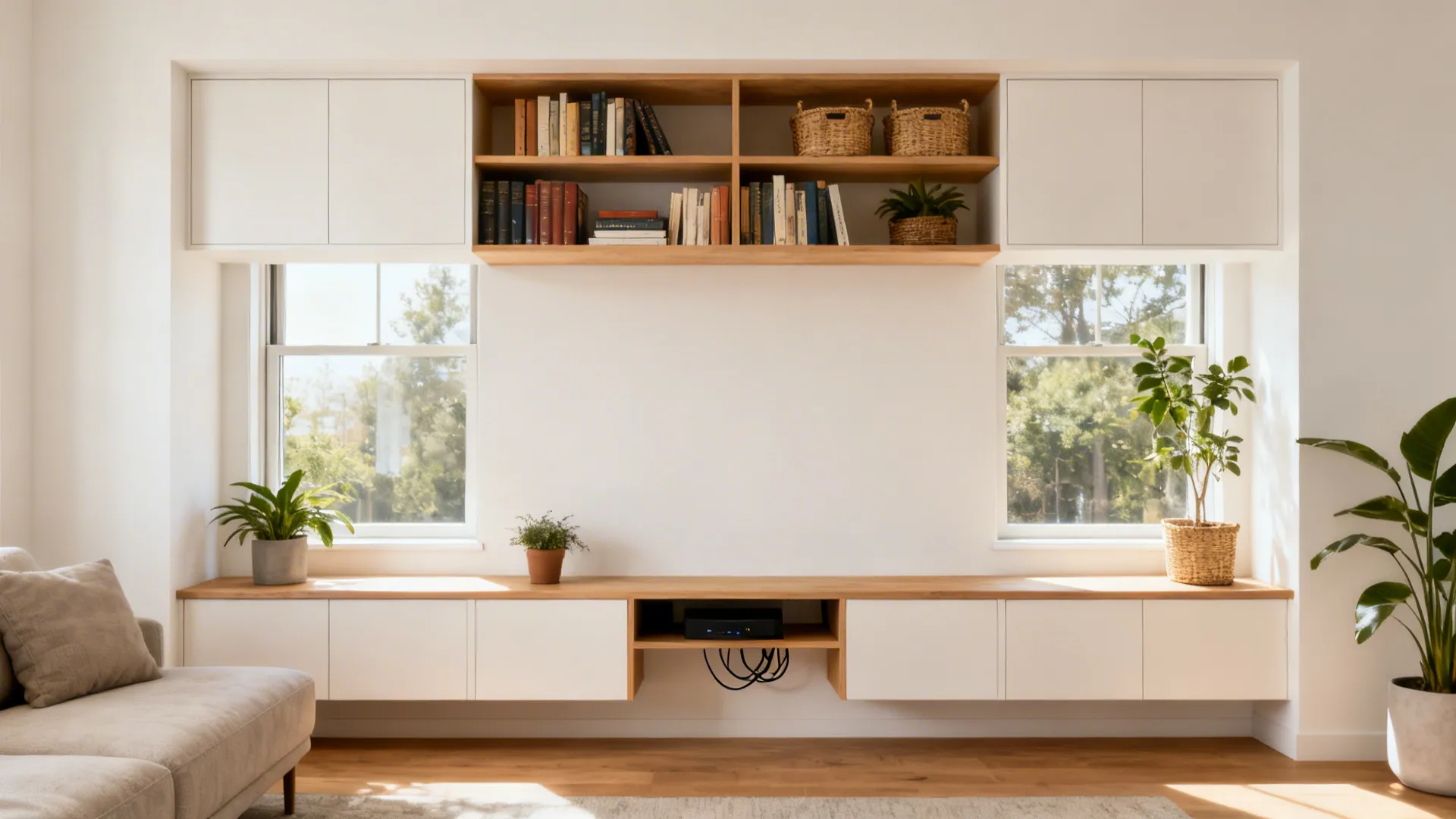 Shallow built-ins and floating shelves flanking a window with a calm, curated display.