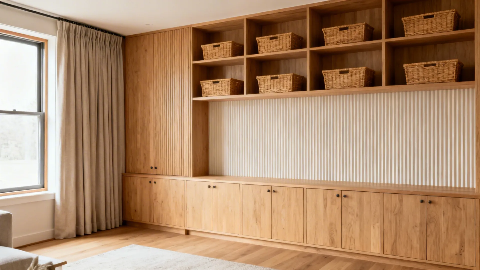 Tall storage wall with fluted panels, closed bases, and open shelves emphasizing vertical lines.
