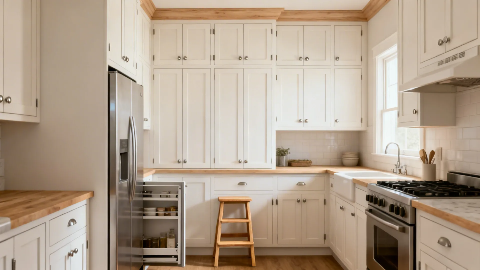 Full-height upper cabinets and a slim pull-out pantry create tailored vertical storage.