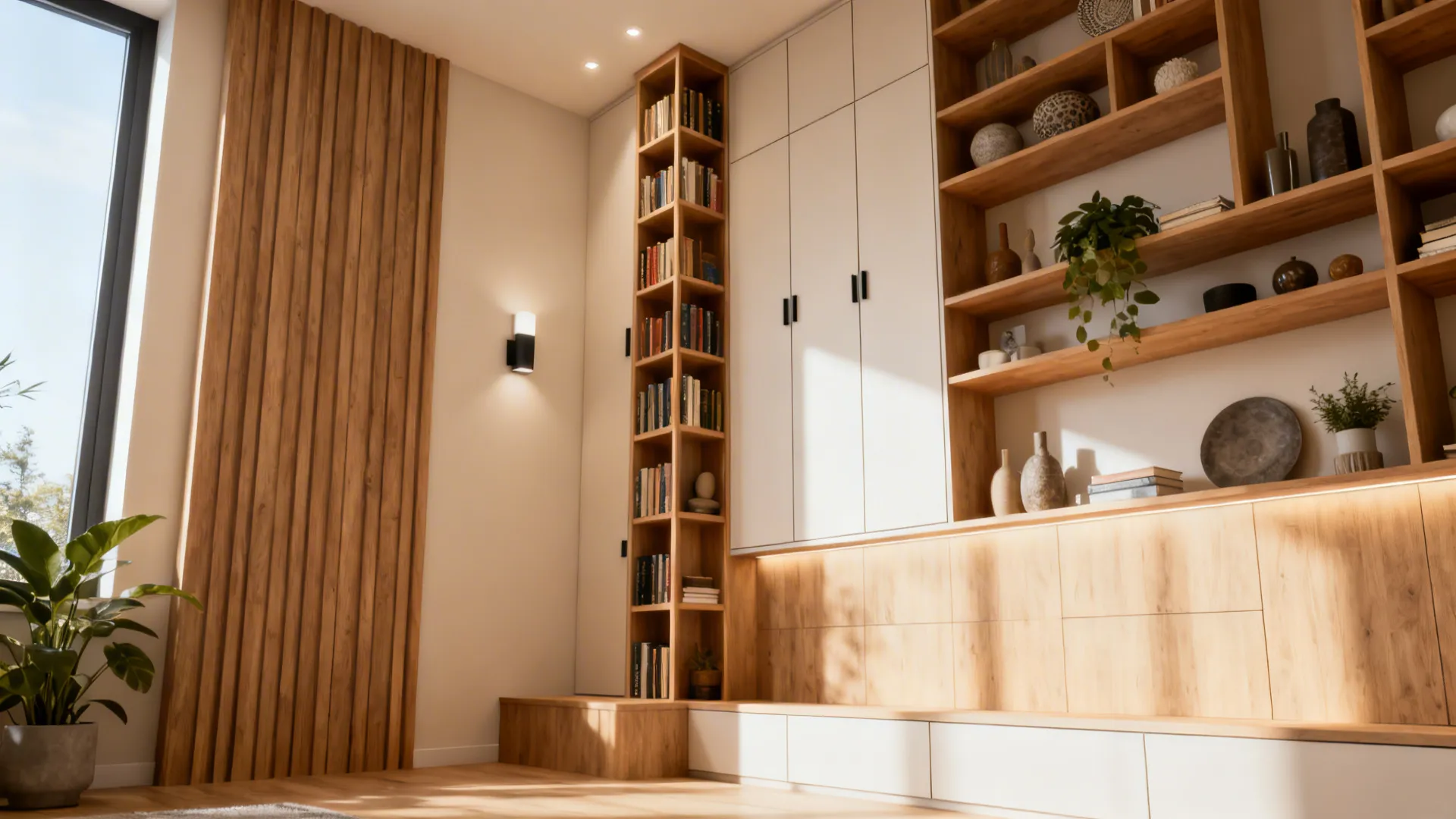 Vertical shelving and slim bookcase draw the eye upward to create height in a small living room.