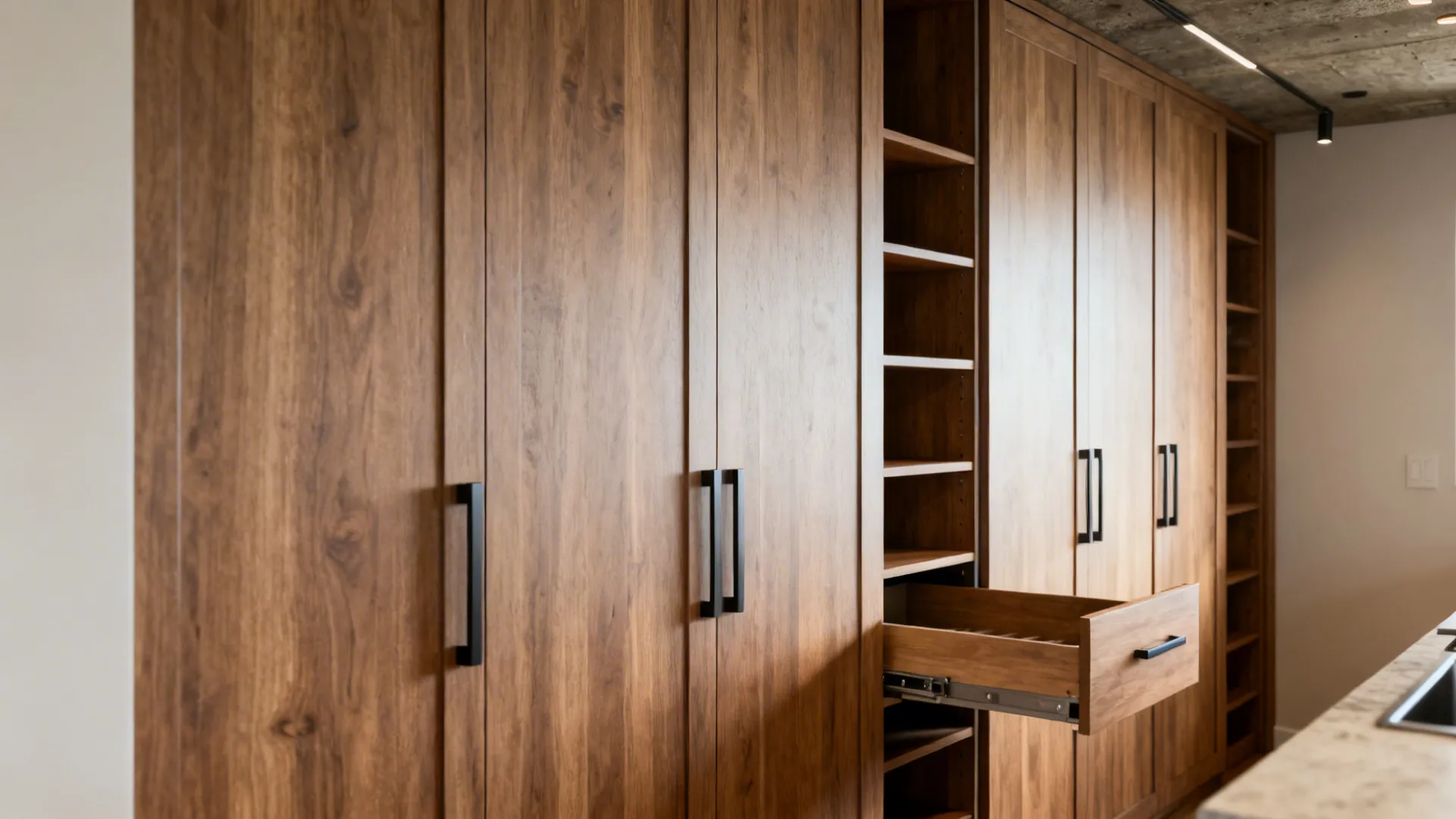 Full-height cabinetry and pull-out pantry shelves maximizing vertical storage.