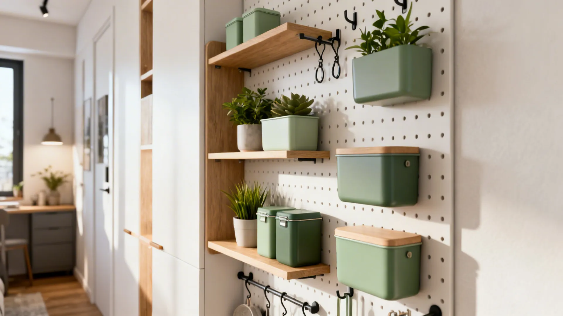 Open shelving and pegboard storage styled with matching containers and plants.