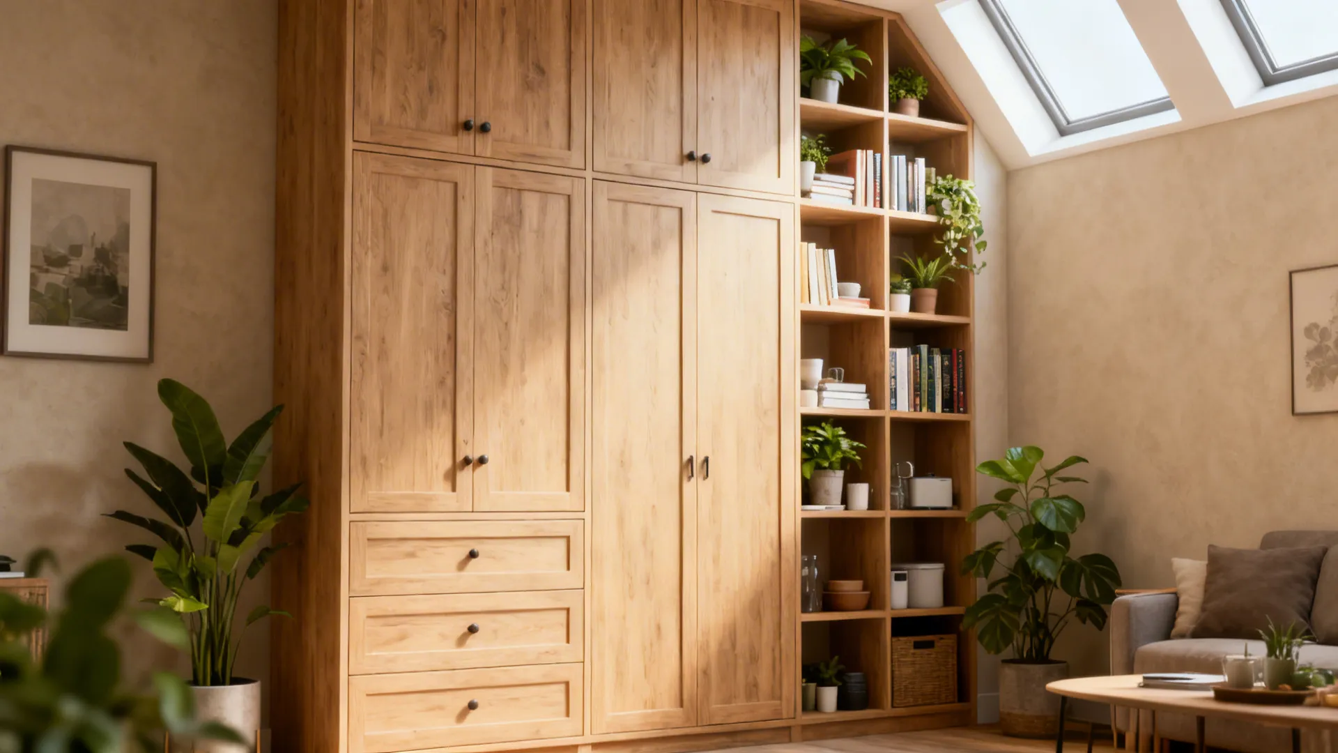 Tall vertical storage with a mix of closed cabinets and open shelves styled with plants and books.