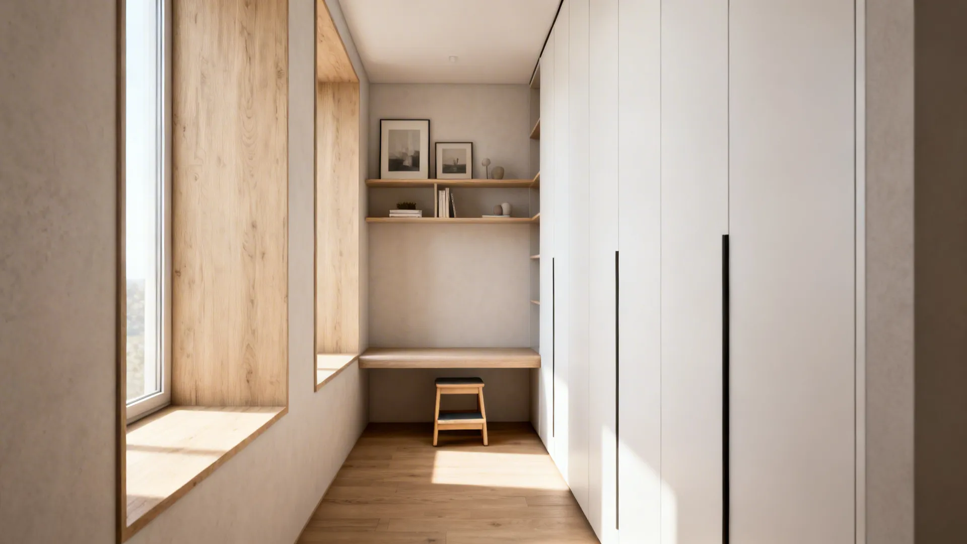 Tall slim wardrobe and open shelf gallery freeing floor space in a small bedroom.