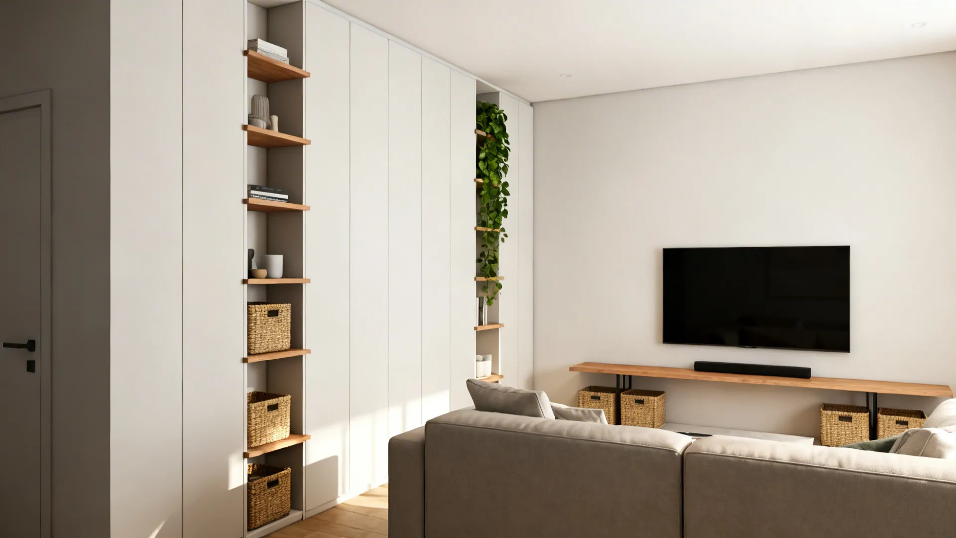 Narrow floating shelves and slim media unit beside a sectional to draw the eye upward.