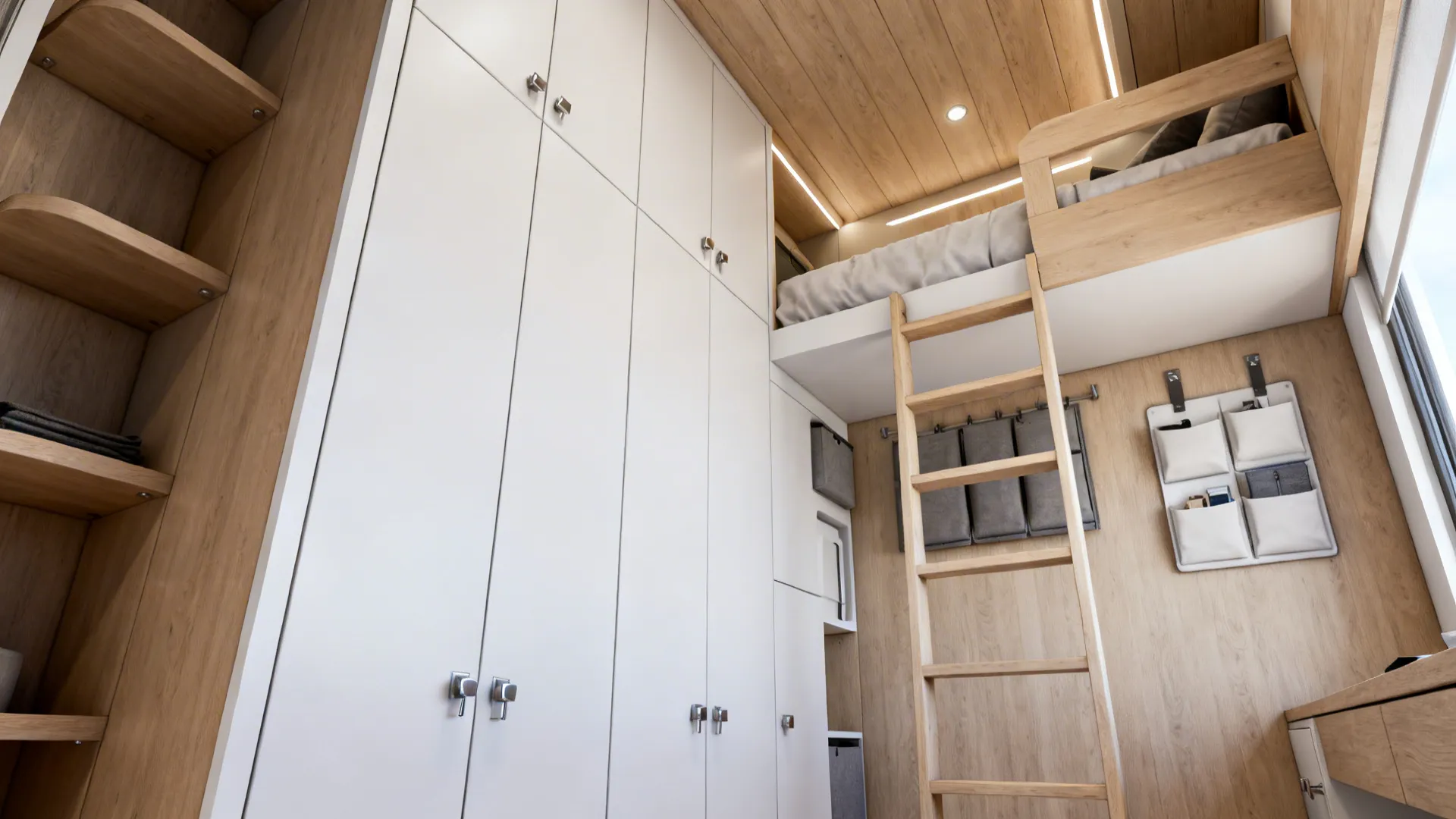 Tall cabinets and a lofted bed in a tiny apartment, showing efficient vertical storage and integrated organizers.