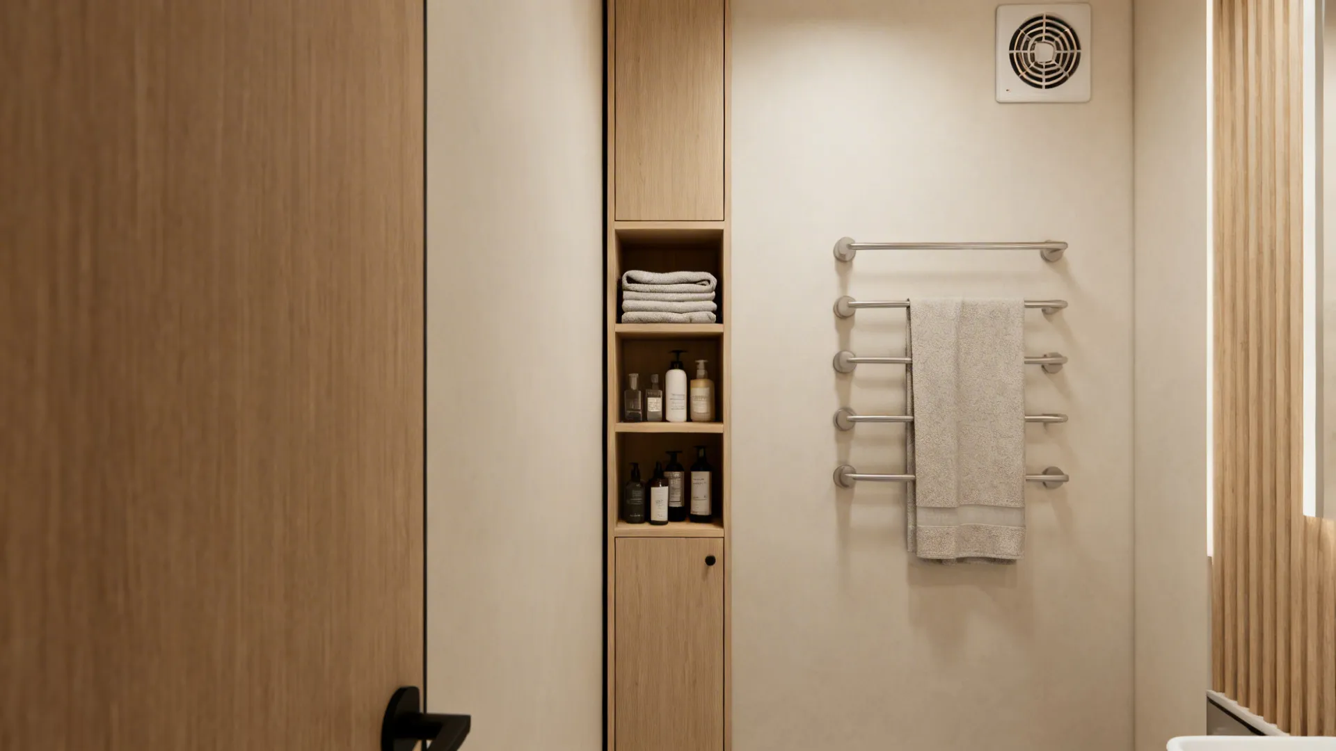 Slim tall cabinet and recessed linen niche maximizing vertical storage in a small bathroom.