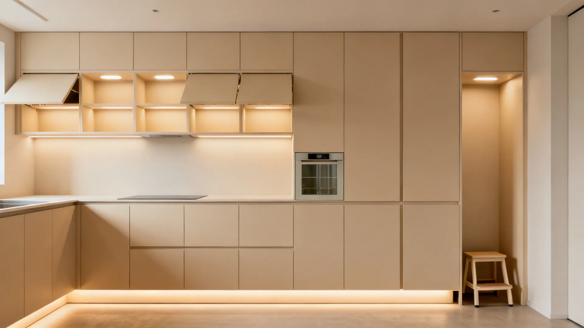 Ceiling-to-Floor Vertical Storage With Light Plinths