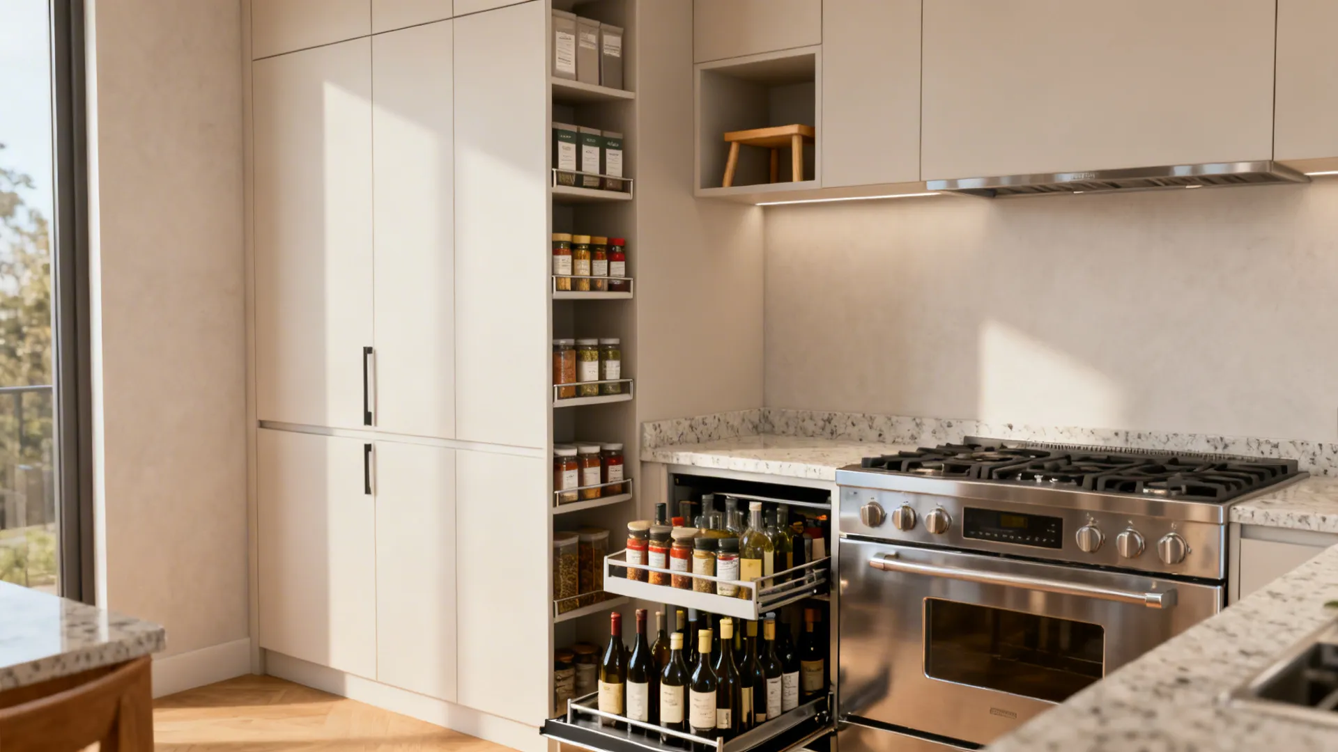Small kitchen showing a tall pantry, slim spice pullout, and ceiling-high uppers.