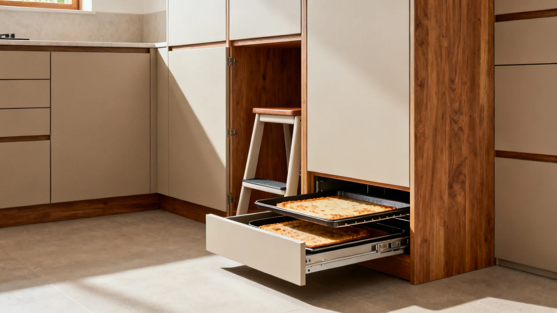 Ceiling-height cabinets with a toe-kick drawer open to store baking sheets and a slim step stool.