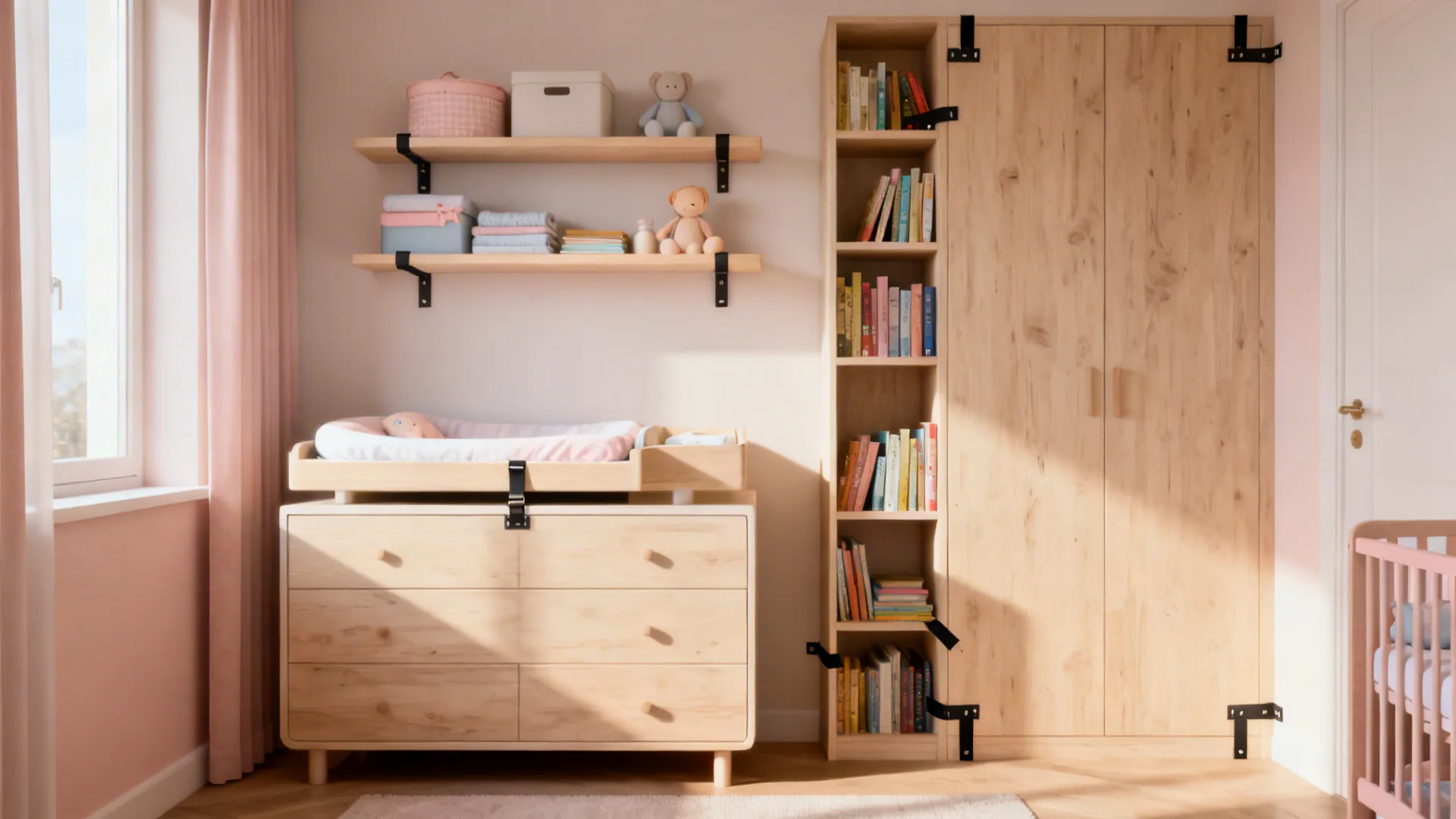 Wall-mounted shelves and a floating dresser freeing floor space in a small nursery