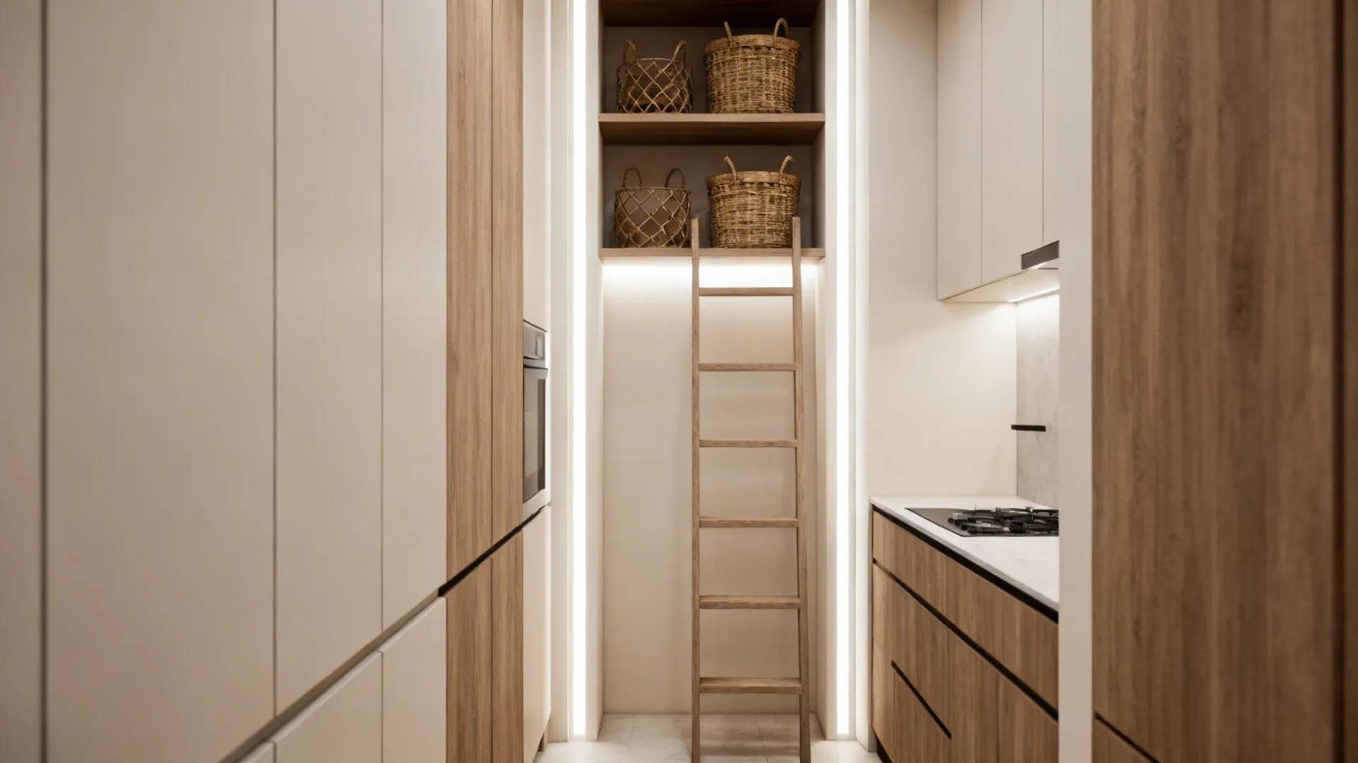 Tall cabinetry and open upper shelving maximizing vertical storage in a compact apartment