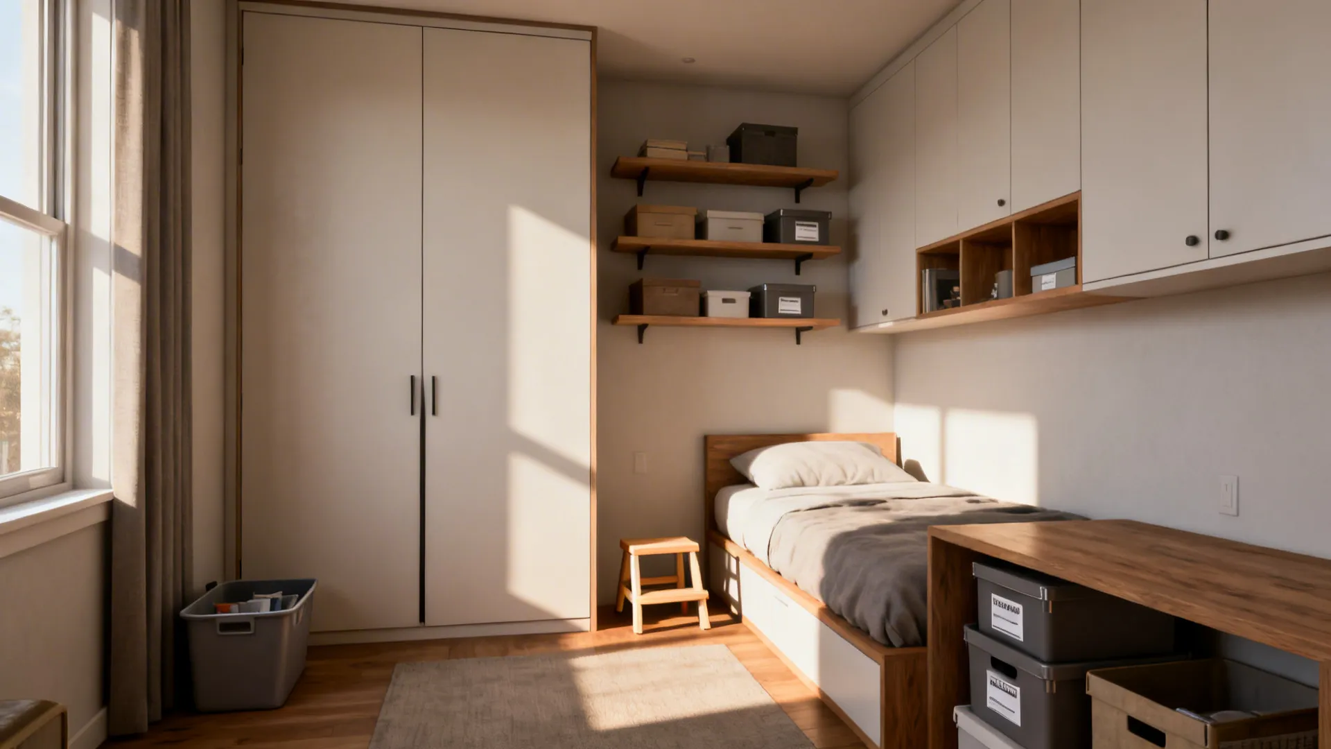 Tall wardrobe and over-bed cabinets maximizing vertical storage in a small bedroom.