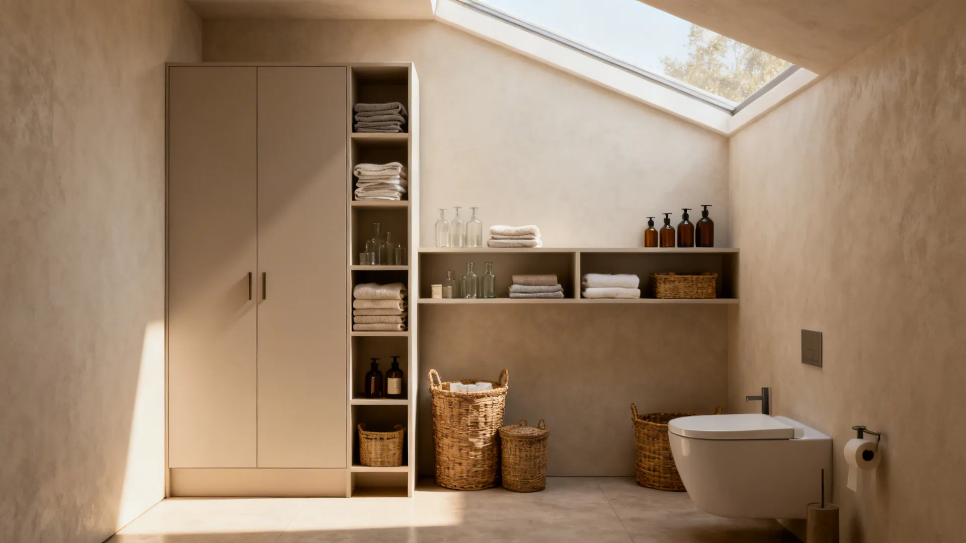 Small bathroom with slim tall cabinet and floating open shelves holding linens and baskets