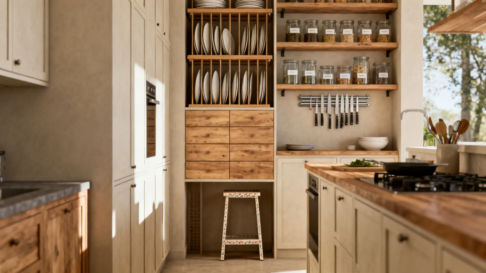 Tall open shelving and stacked cabinets with labeled containers and a slim step stool in a small kitchen.