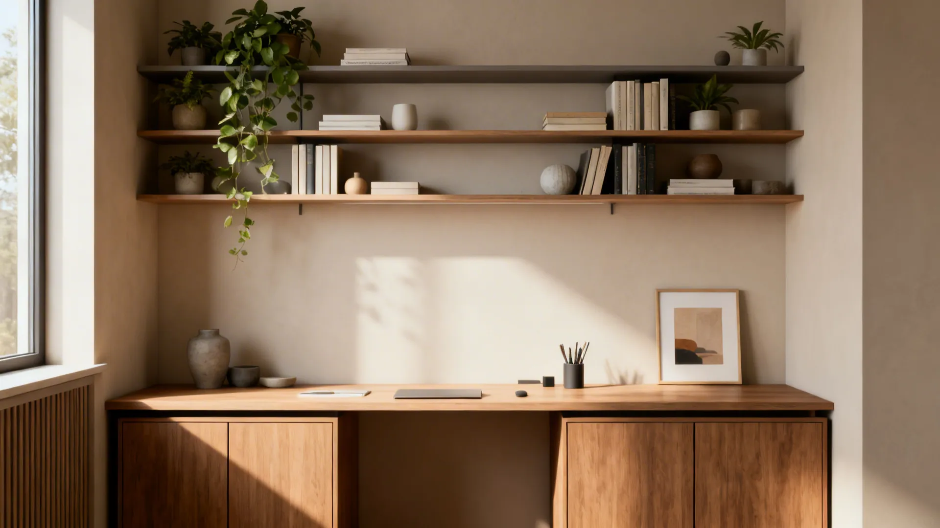 Minimalist wooden desk with wall shelves holding books and green plants under warm natural morning sunlight