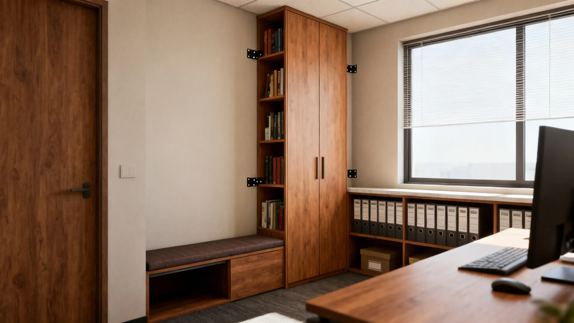 Small office corner featuring tall slim bookcase, tower cabinet and hidden-storage bench.