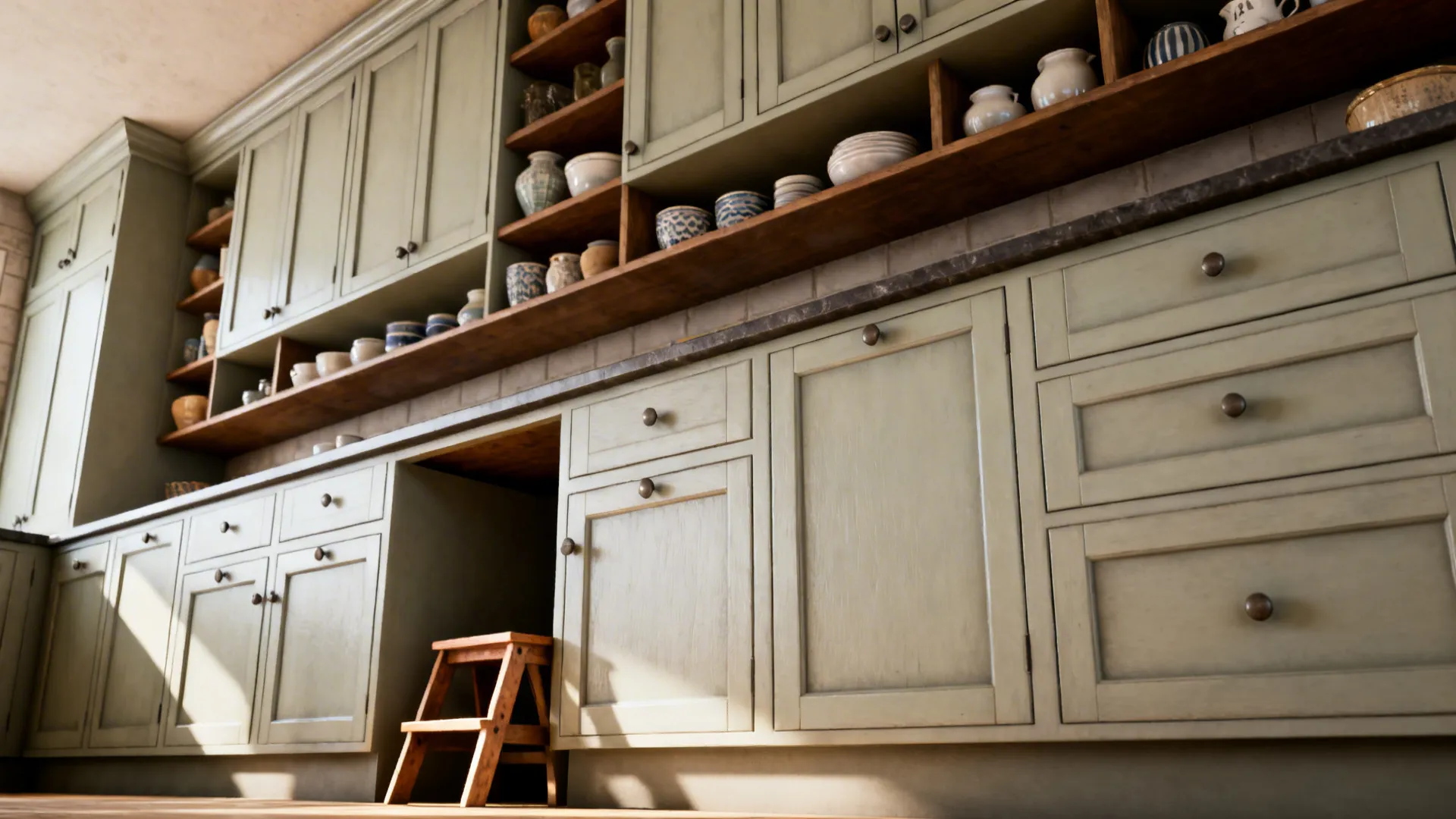 Tall kitchen cabinets up to the ceiling with open shelving and a tucked step stool.