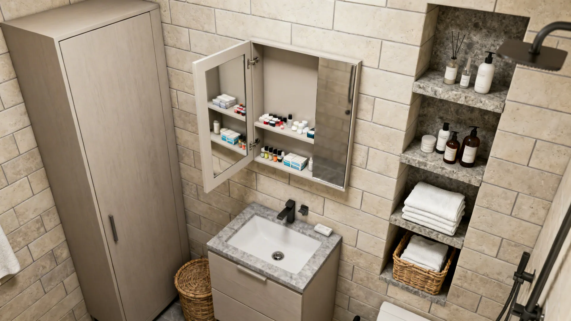 Tall slim linen cabinet and recessed medicine cabinet with shower niches for tidy vertical storage.