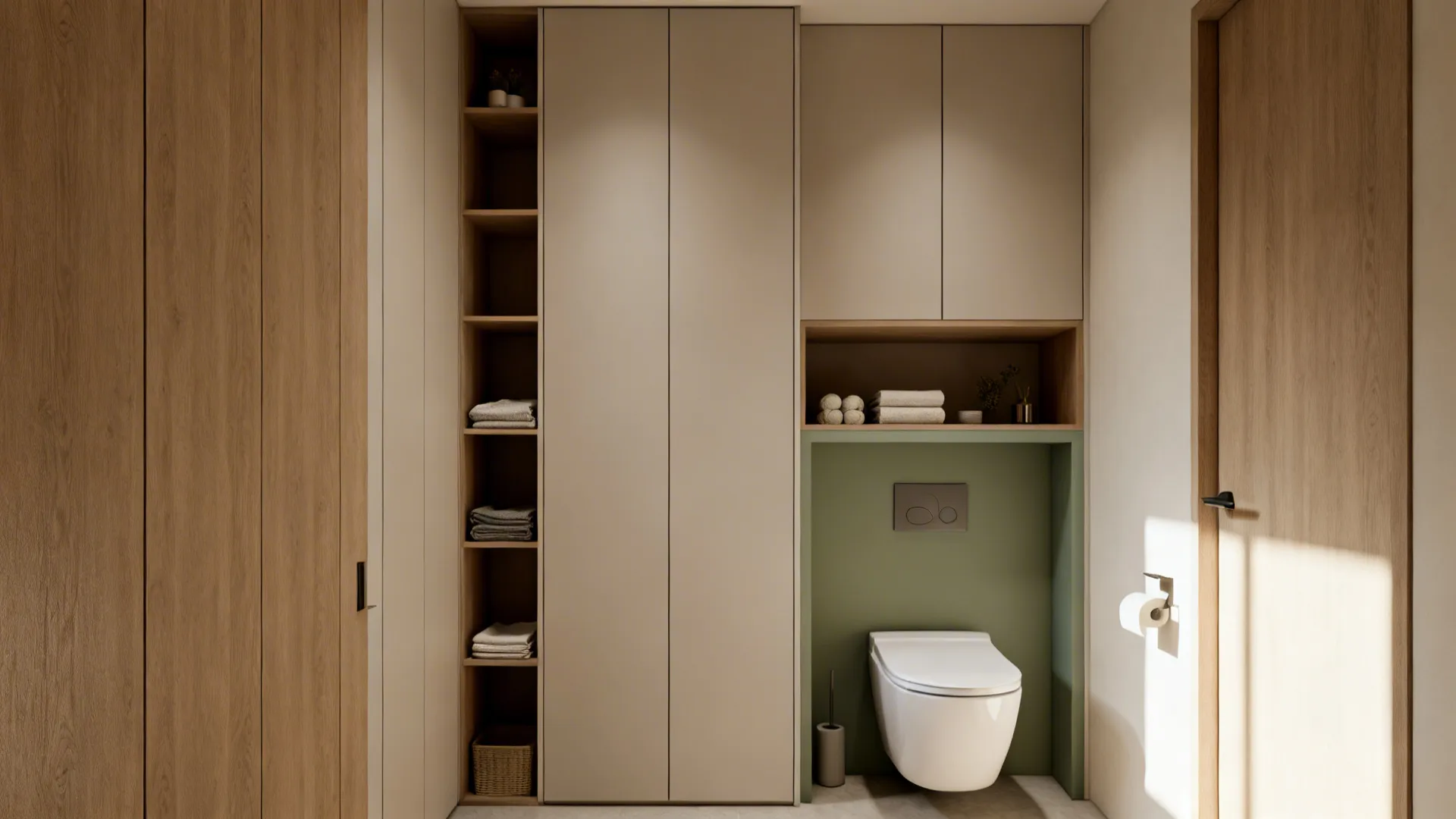 Modern bathroom featuring wall mounted toilet with beige storage cabinets and a green accent wall